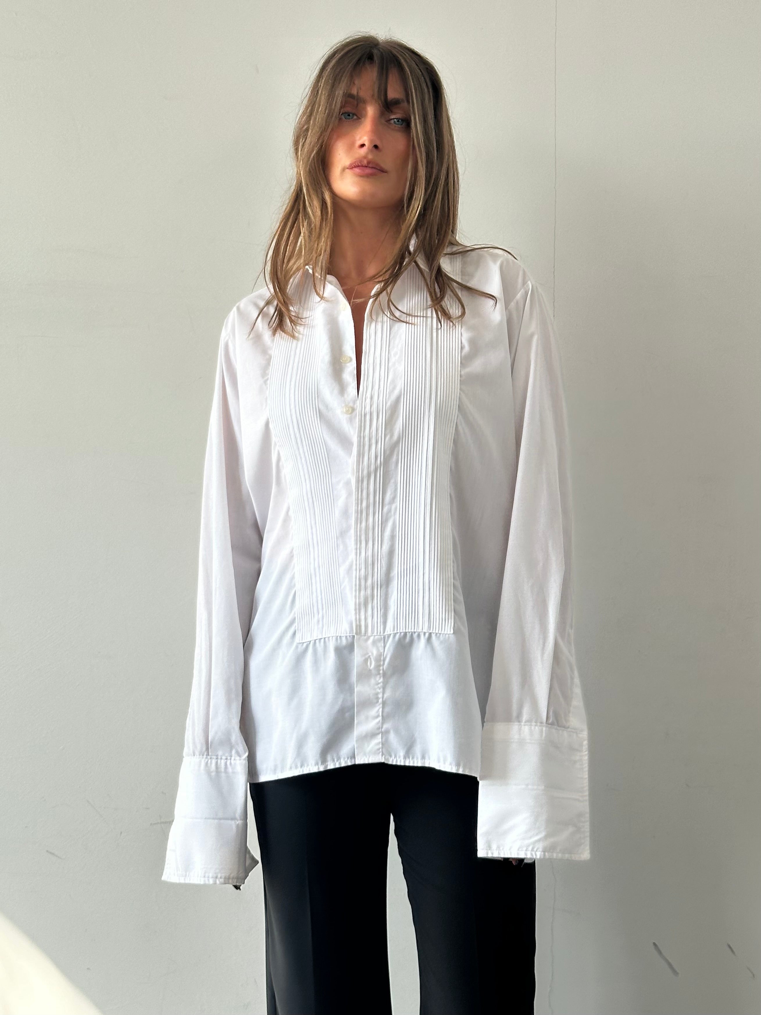 Vintage cotton tuxedo dress shirt, size large, with classic collar and button front, displayed on a hanger.