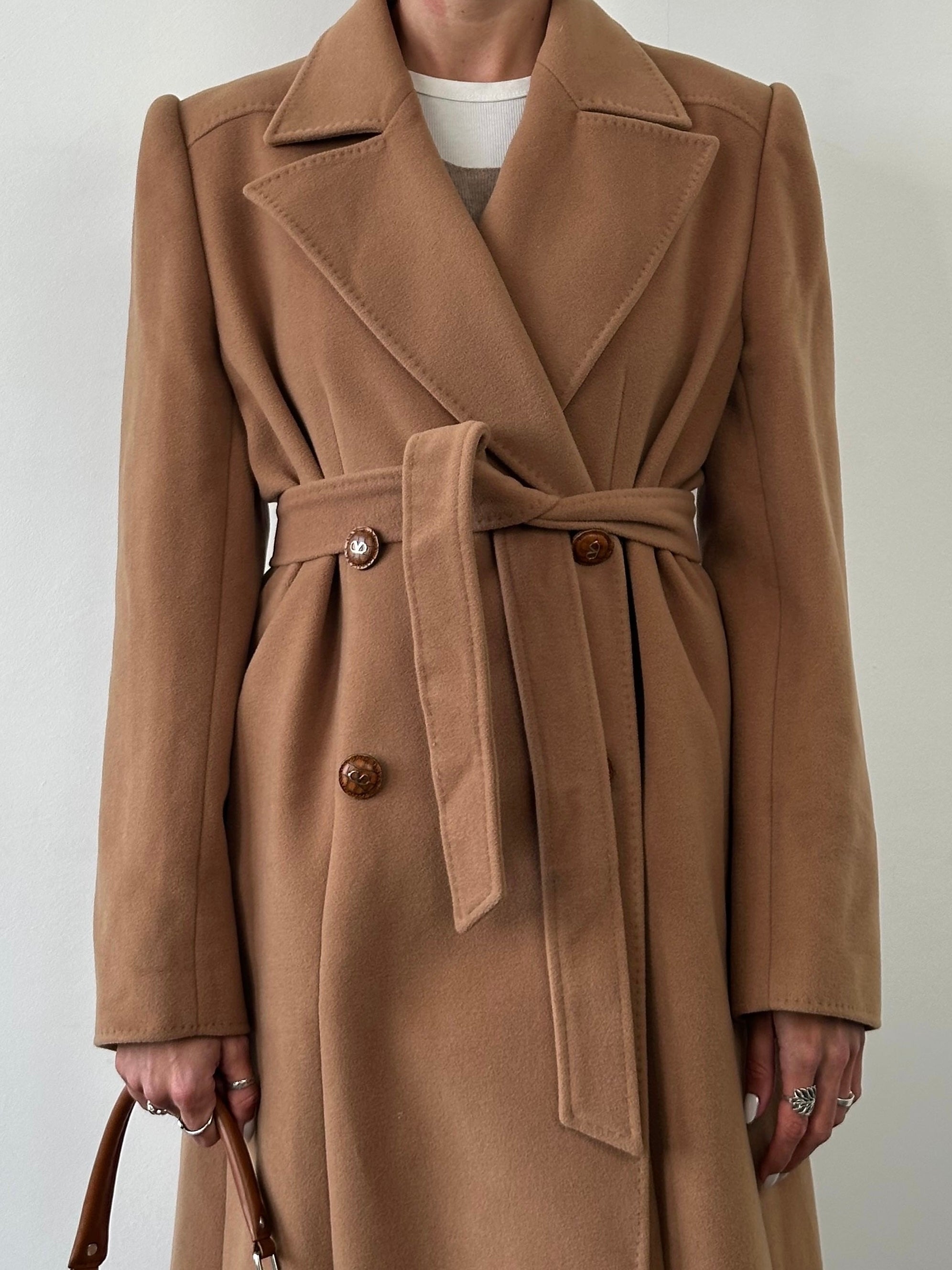 Valentino 1990s pure wool double-breasted belted coat in size L, featuring classic tailoring and elegant design.