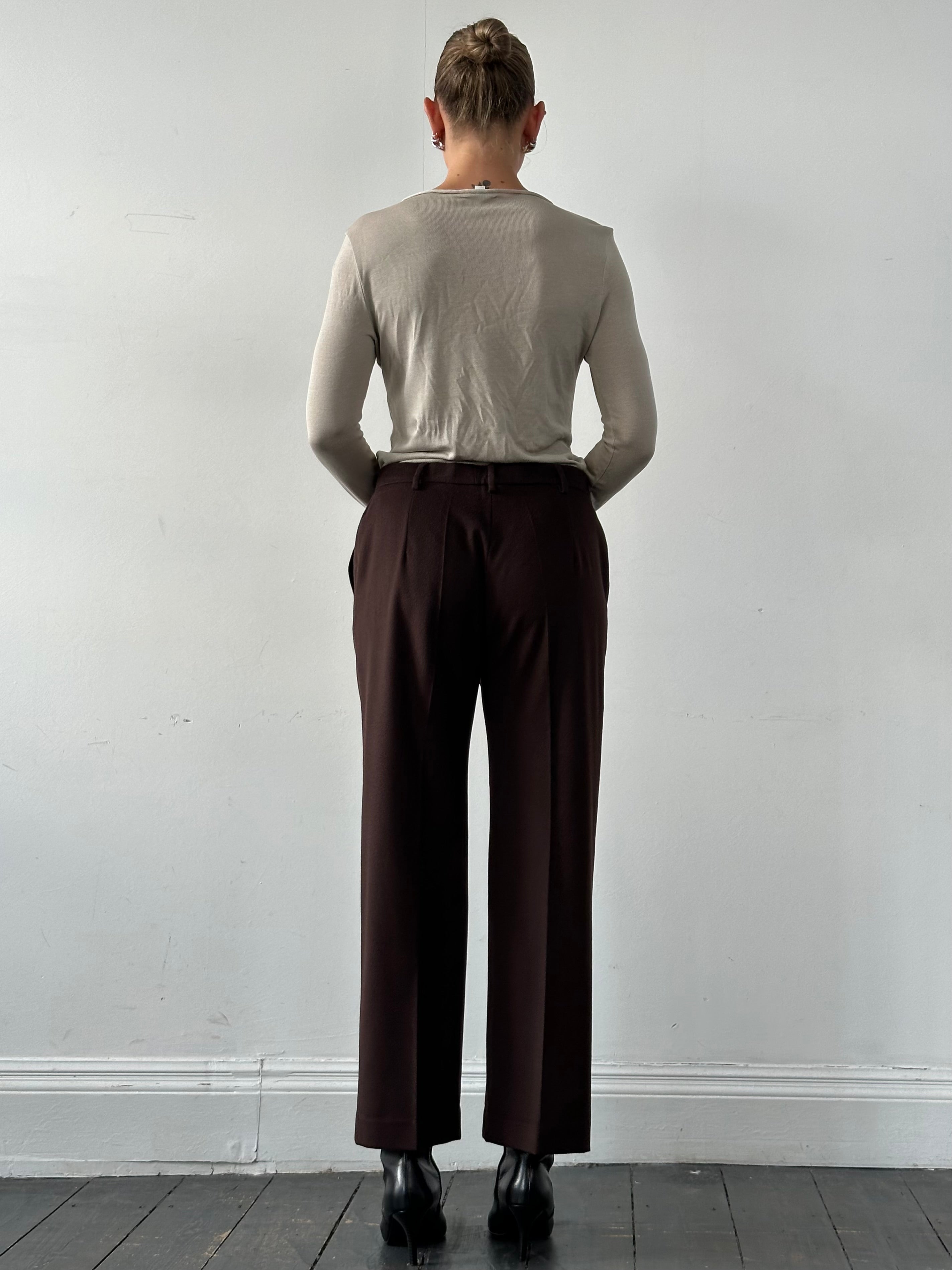 Max Mara brushed wool straight leg trousers in beige, W31, featuring tailored fit and classic style.