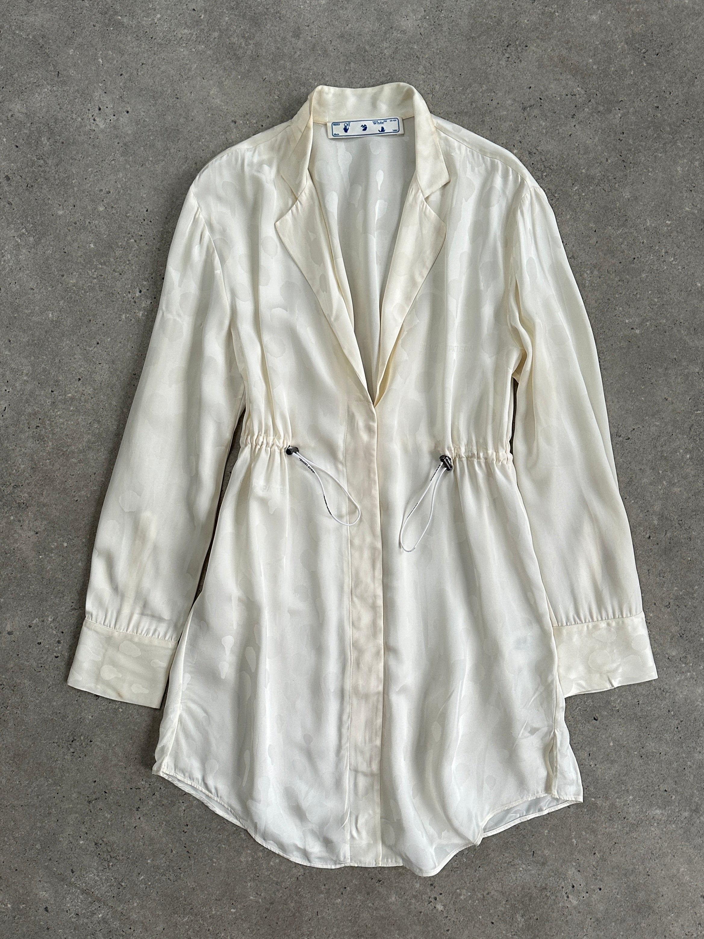Off-White two-piece cami and shirt dress set with patterned design, featuring a stylish, casual fit for women.