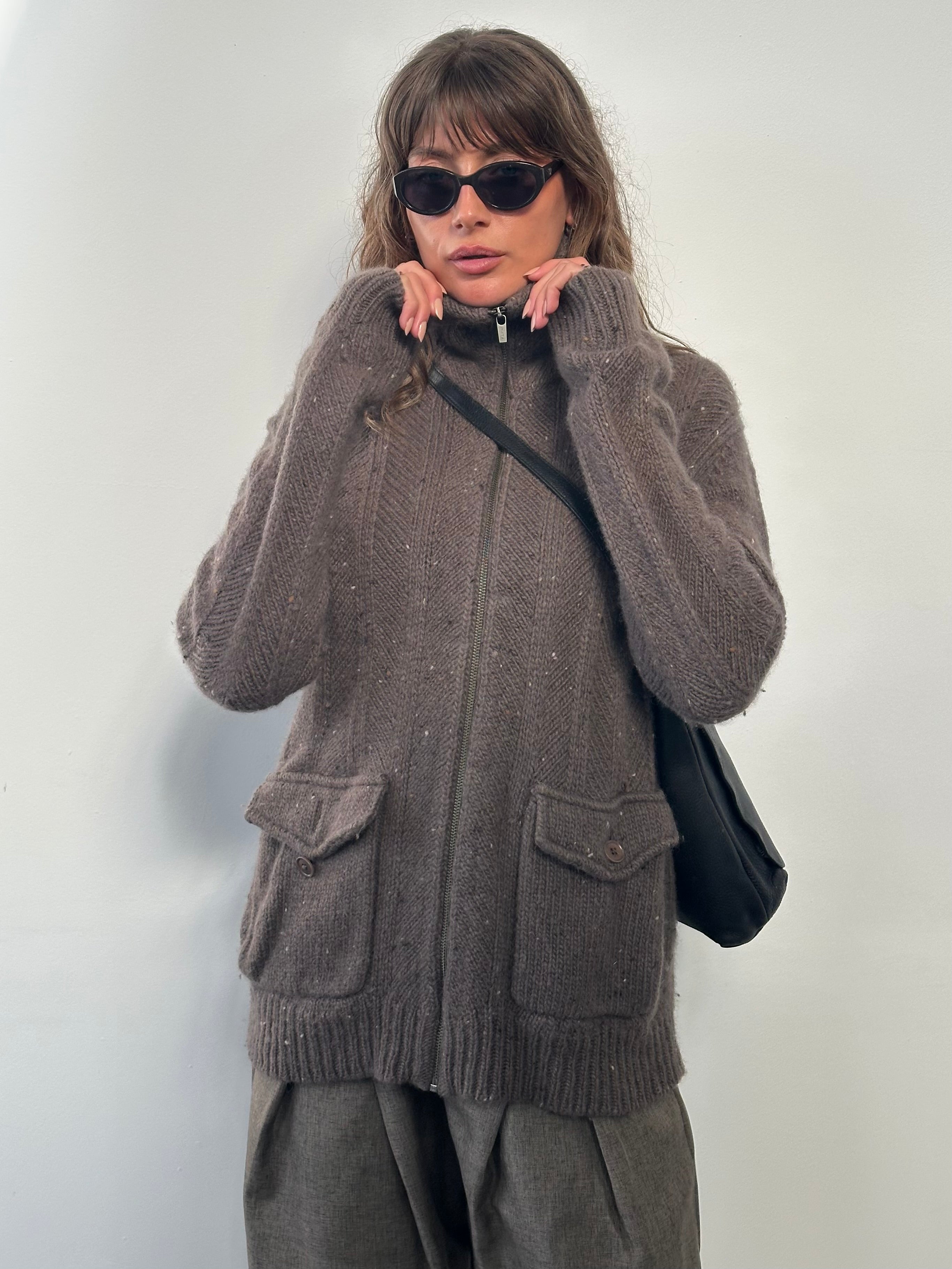 Nicole Farhi 1990s pure wool funnel neck bomber jacket in neutral tones, featuring a classic fit and stylish design.