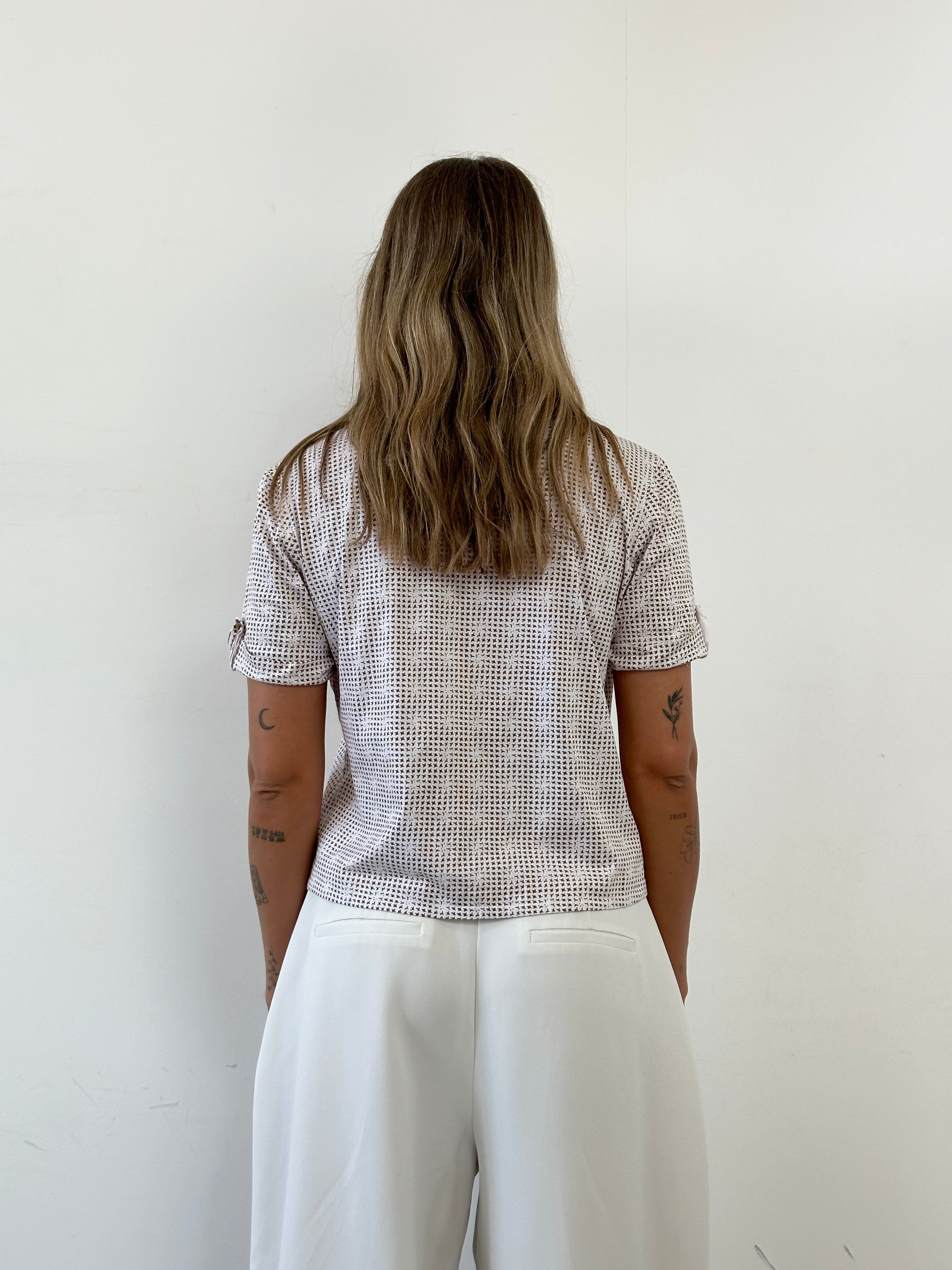 Louis Feraud pure cotton cropped monogram short sleeve shirt, showing a close-up of the patterned fabric and relaxed fit.