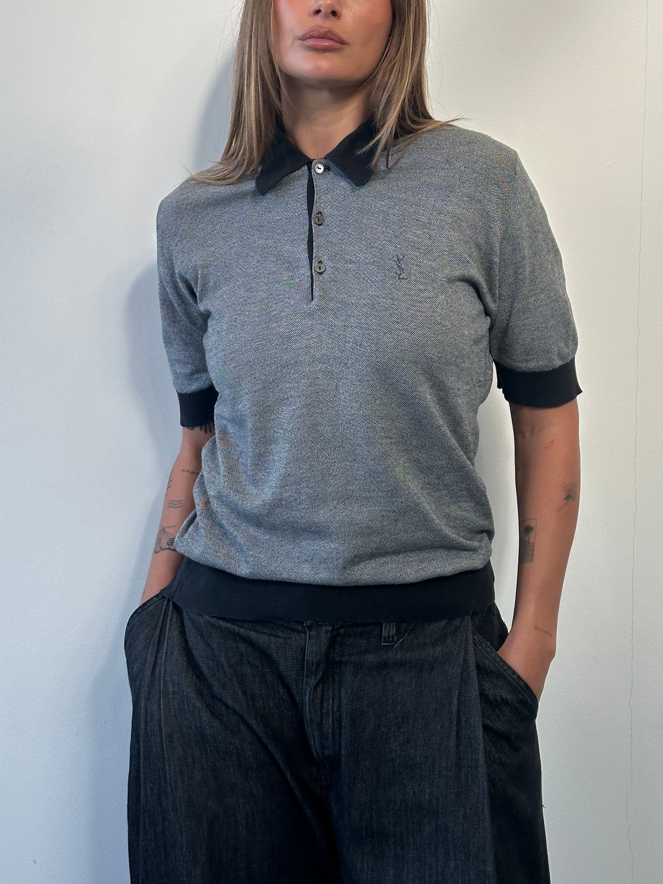 Yves Saint Laurent 1990s cotton logo polo shirt in size M, featuring classic design and the iconic YSL logo on the chest.