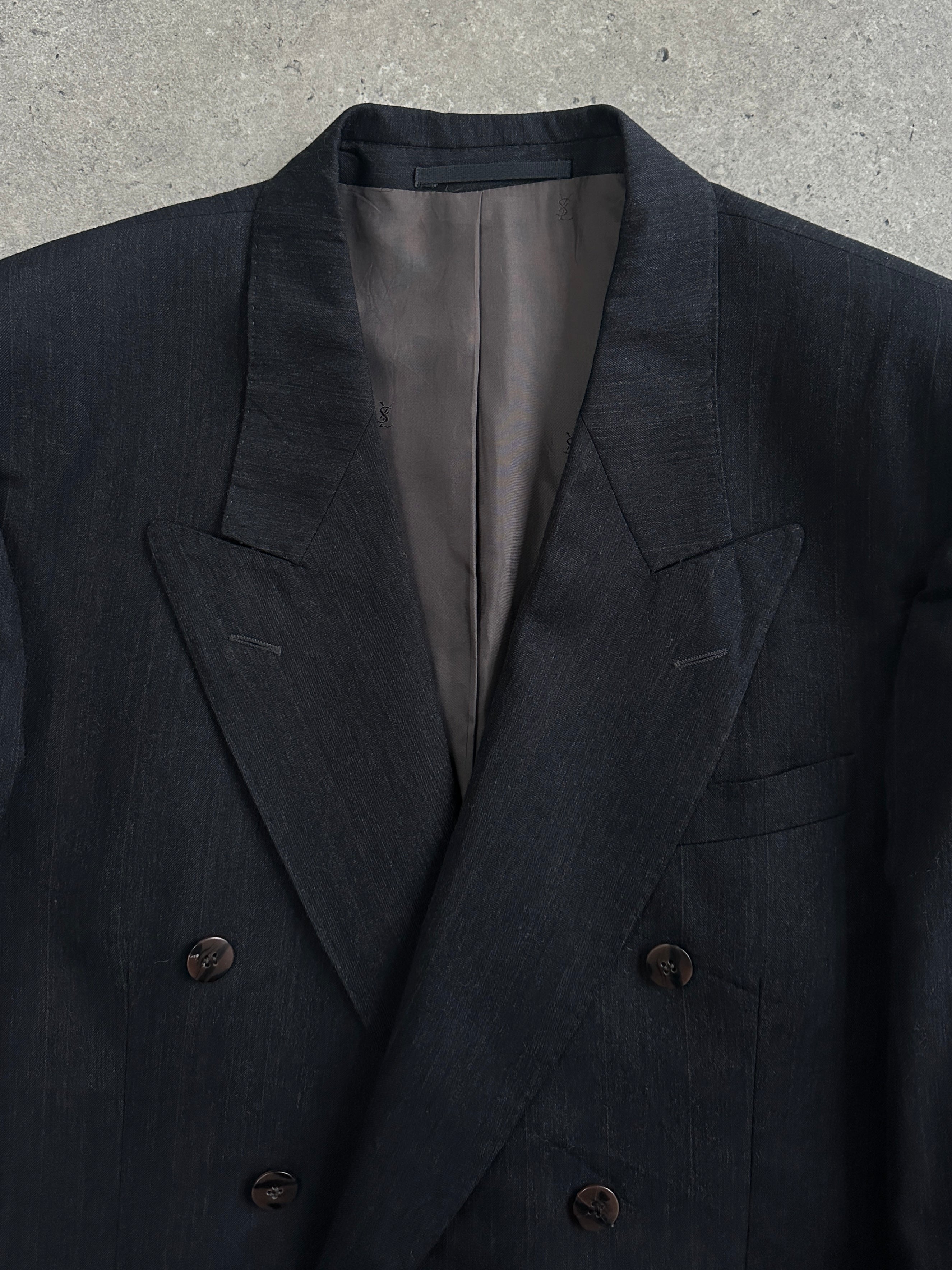 Yves Saint Laurent Pour Homme 1990s pure wool double-breasted blazer, size 42R/XL, in classic style with notch lapels and button details.