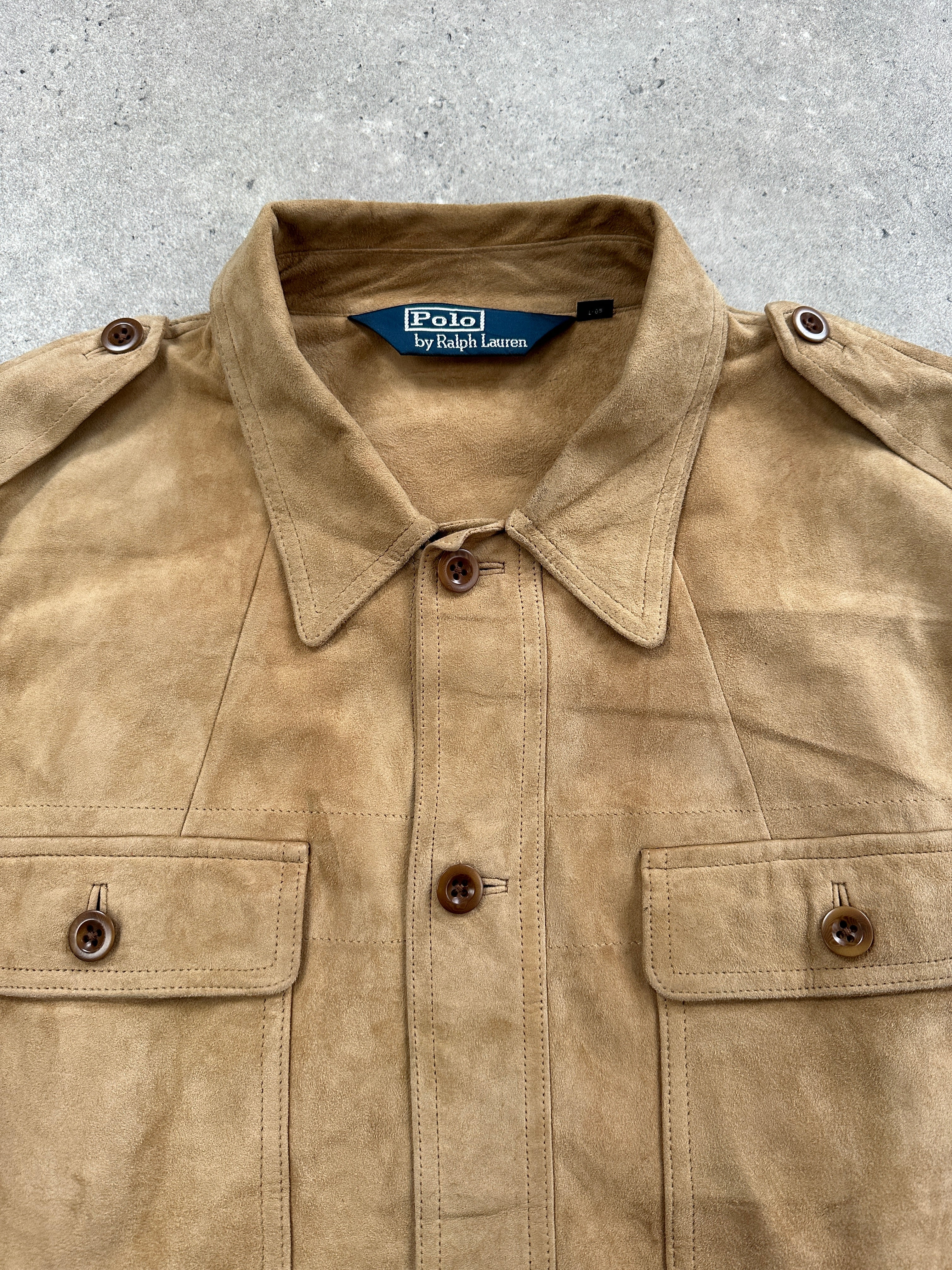 Ralph Lauren Polo 2000s safari suede jacket in size XL, featuring a tan color, collar, and front button closure.