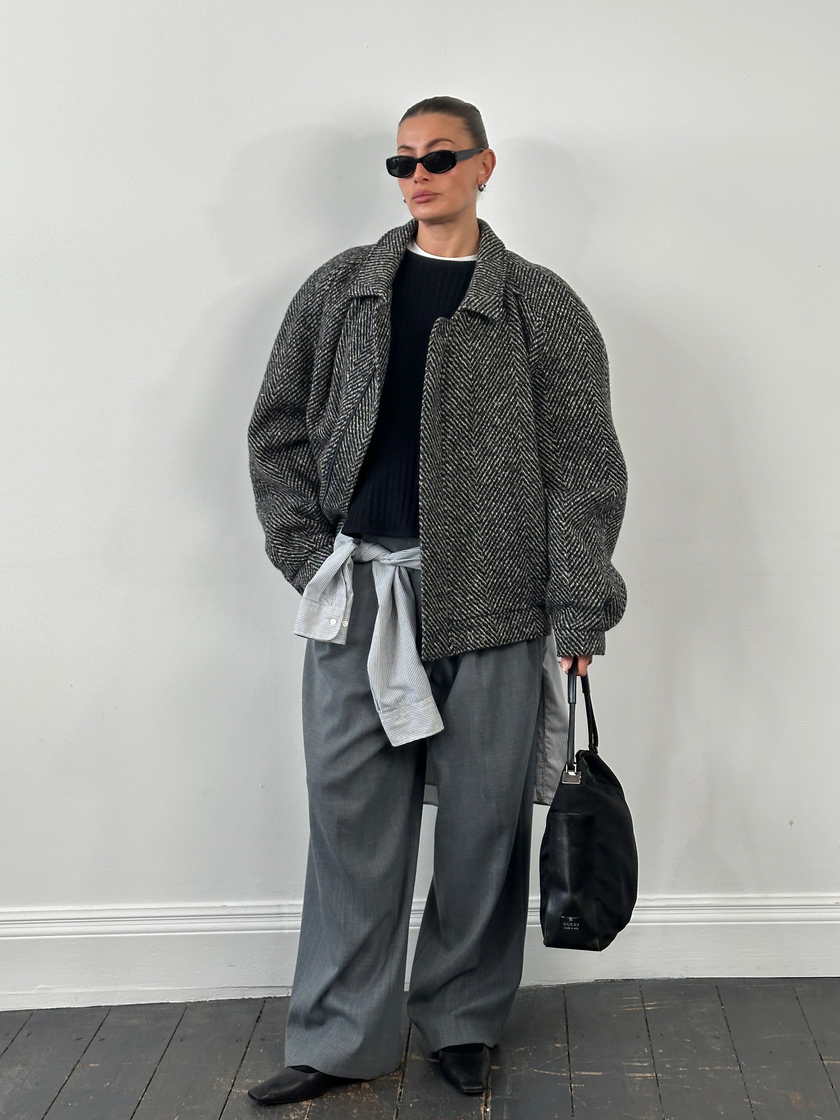 Vintage 1990s wool herringbone bomber jacket in XXL, featuring classic design and textured fabric.