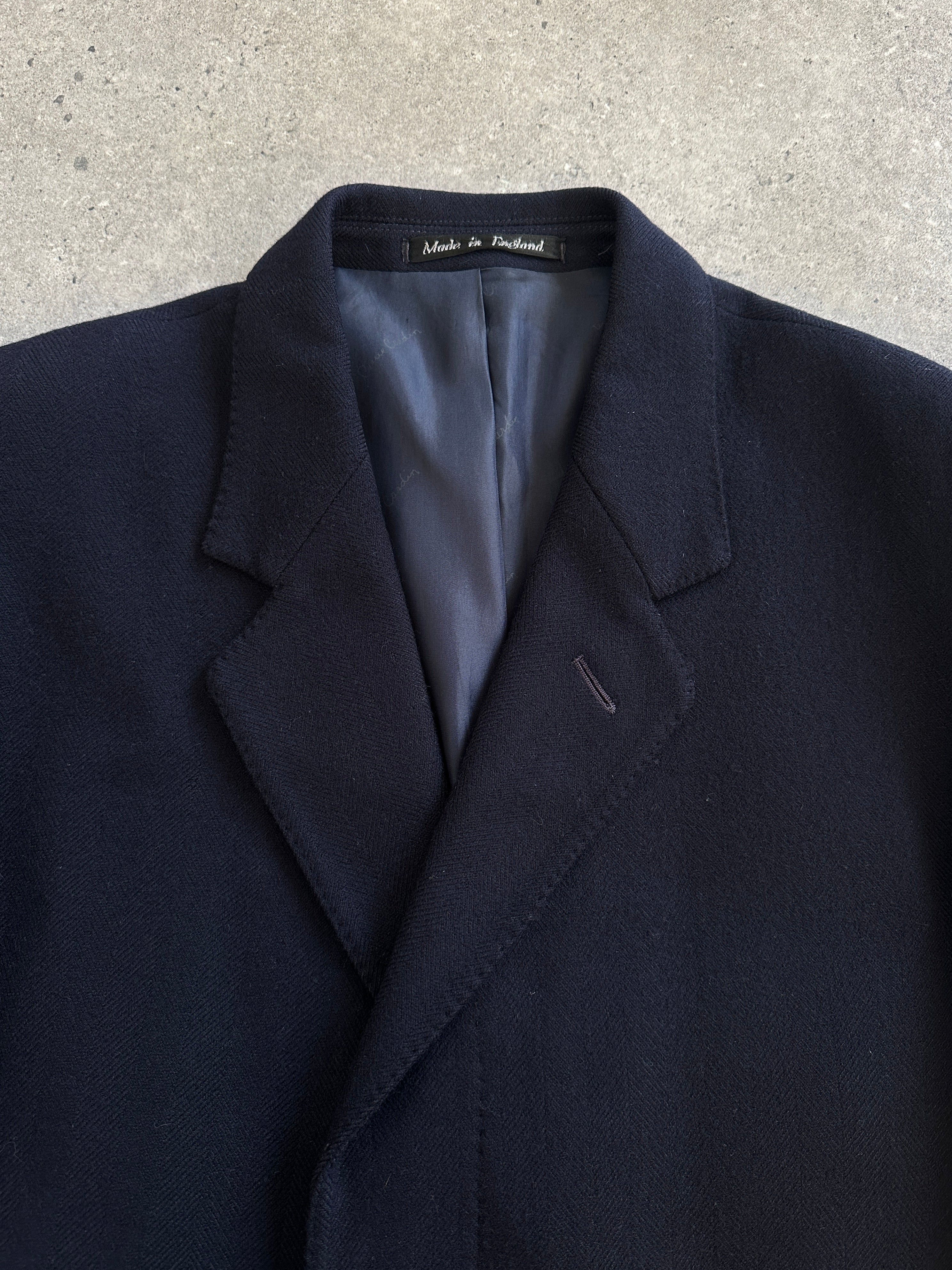 Pierre Cardin 1990s pure wool coat with concealed placket in XL/XXL, showing classic design and tailored fit.