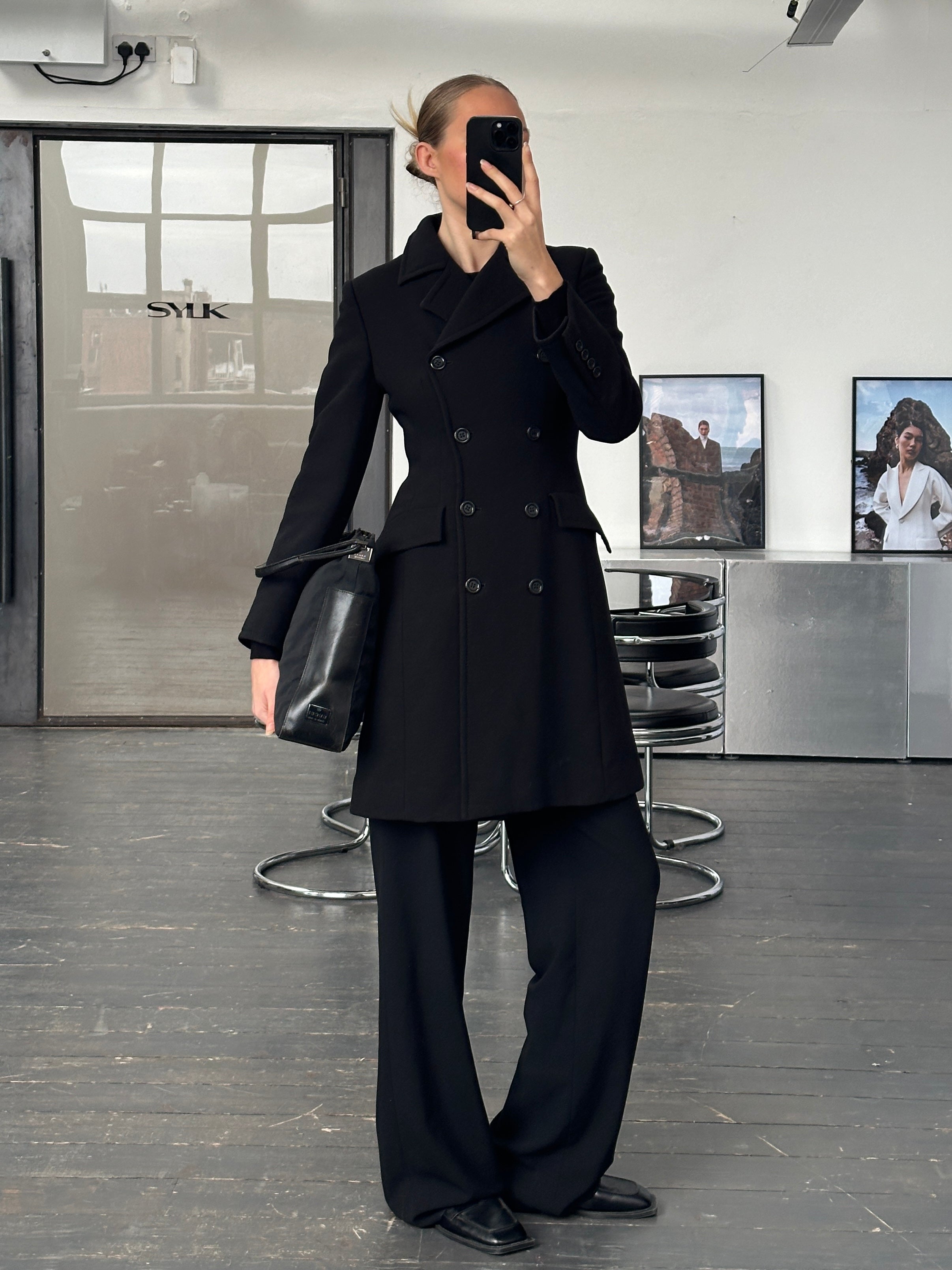 Marella 2000s pure wool double-breasted tailored coat in size S, featuring a classic design and structured silhouette.