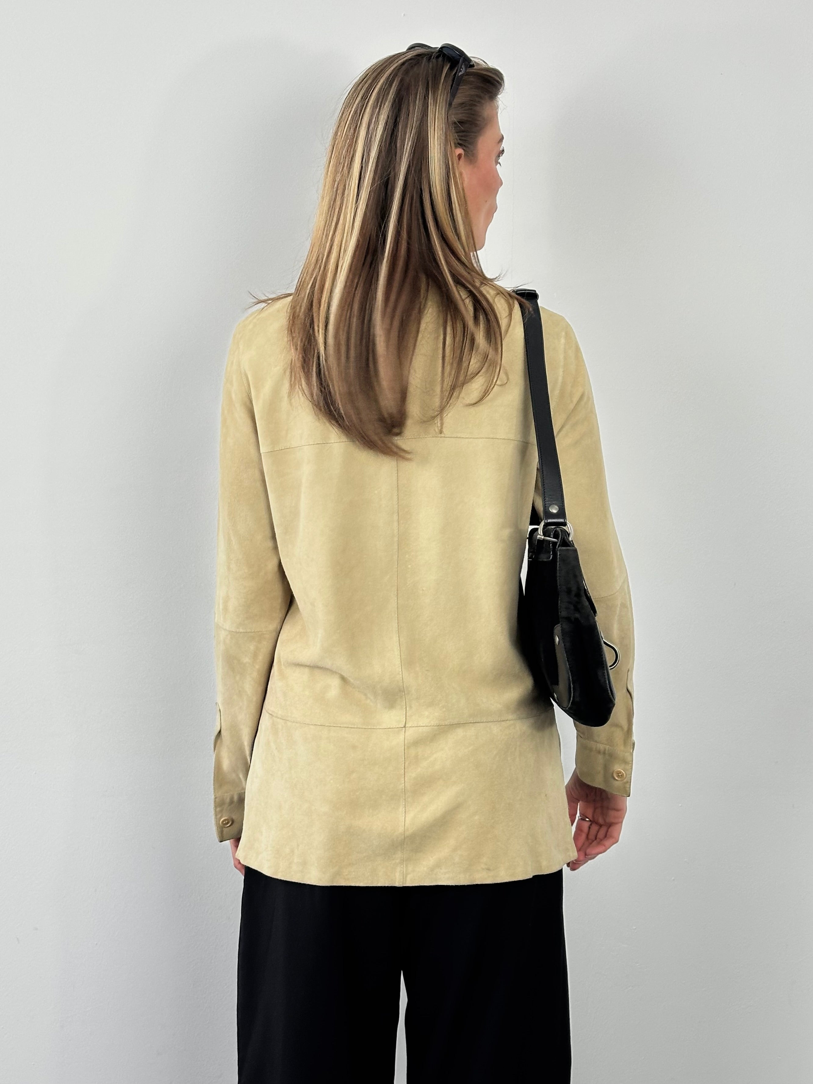 Marella 1990s suede minimal shirt in brown, featuring a classic collar and long sleeves, displayed on a hanger.