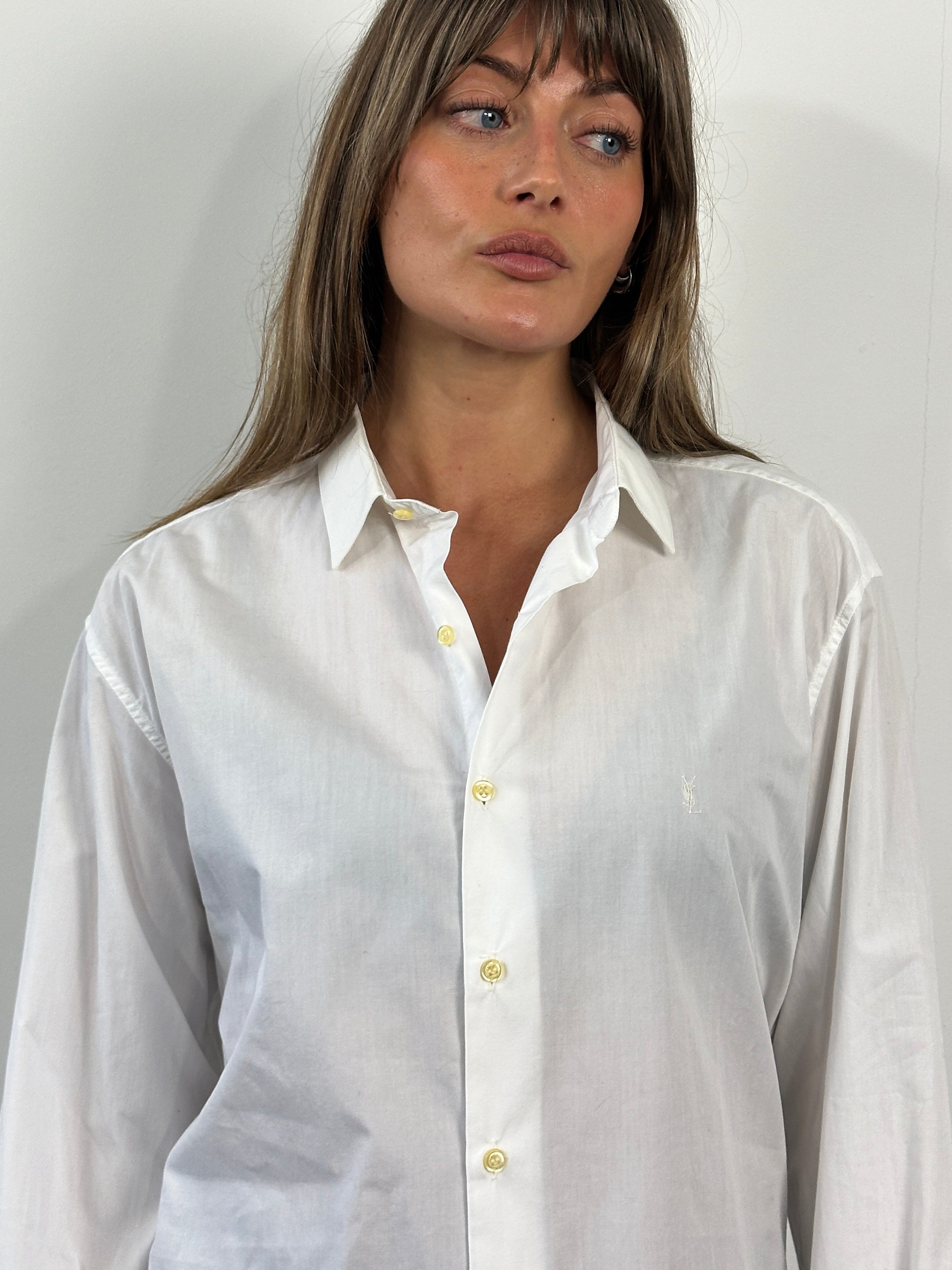 Yves Saint Laurent Diffusion Homme 1990s cotton dress shirt in size M, featuring a classic button-up design and tailored fit.