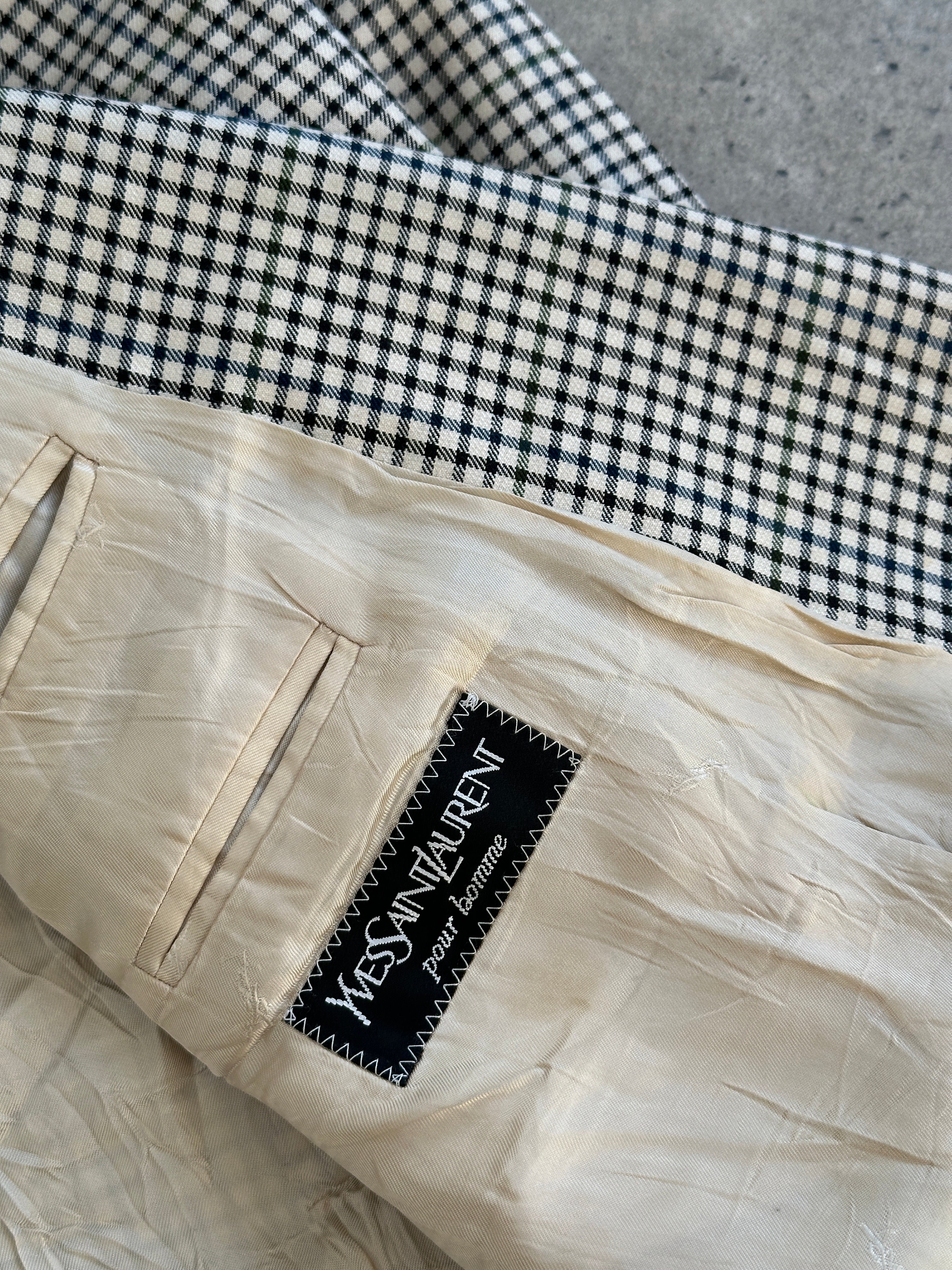 Yves Saint Laurent Pour Homme 1990s wool check double-breasted blazer in size 40R/XL, featuring classic tailored design.
