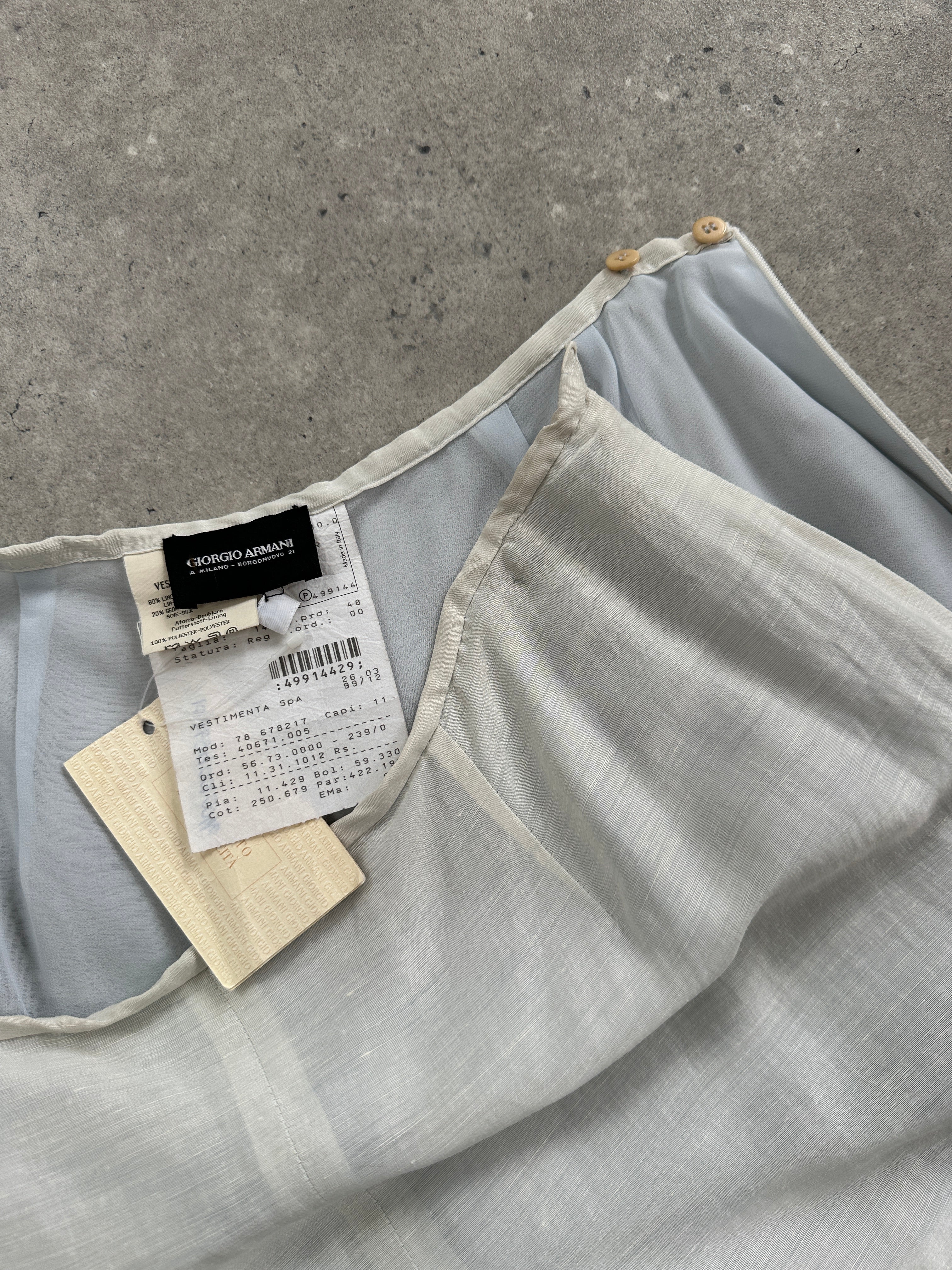 Giorgio Armani 1999 wide-leg linen trousers in light fabric, shown with a relaxed fit and natural drape, size W28-30.