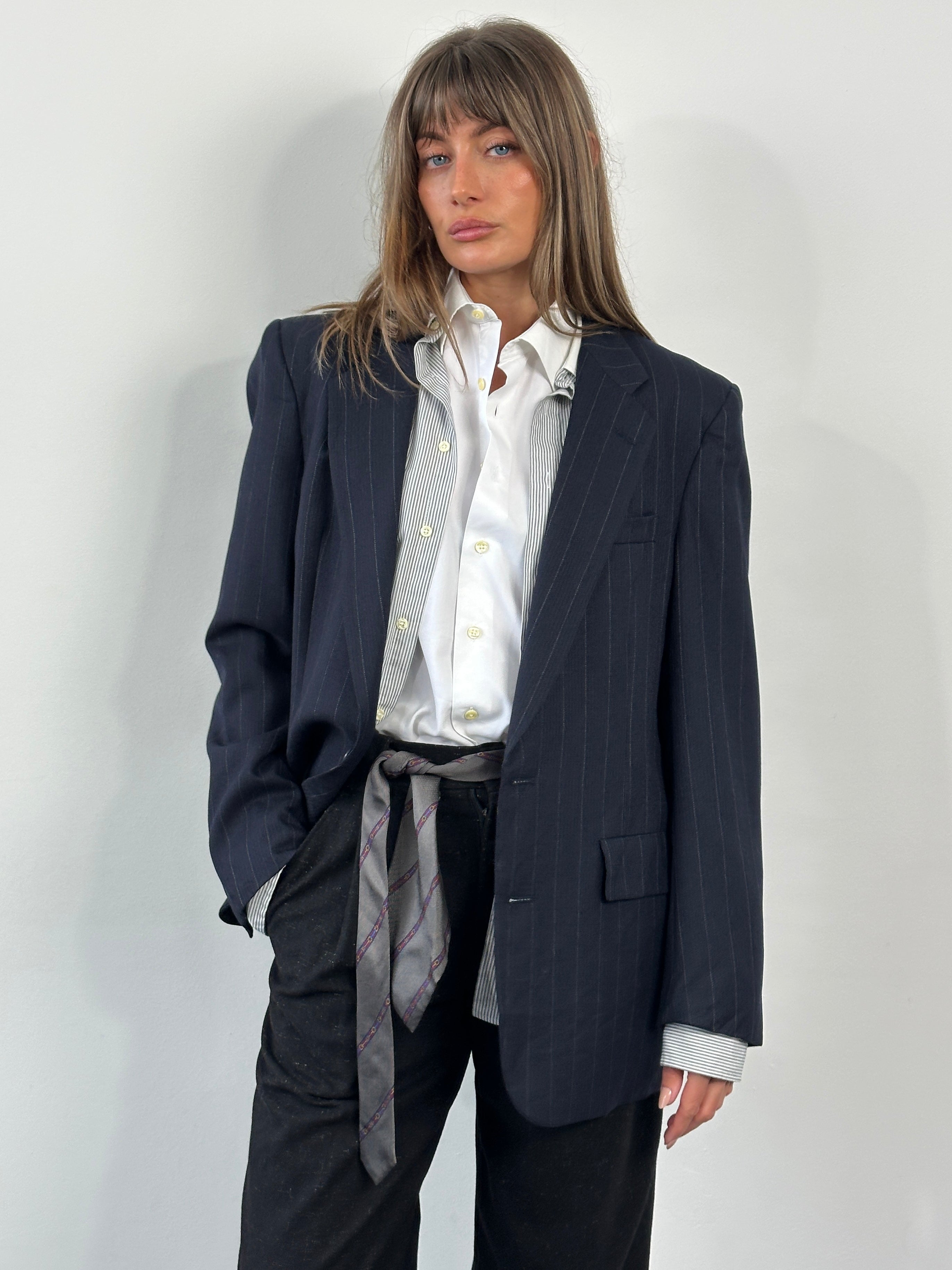 Christian Dior Le Connaisseur 1980s pure wool stripe blazer, 41R/L, tailored fit with bold striped pattern and classic lapel design.