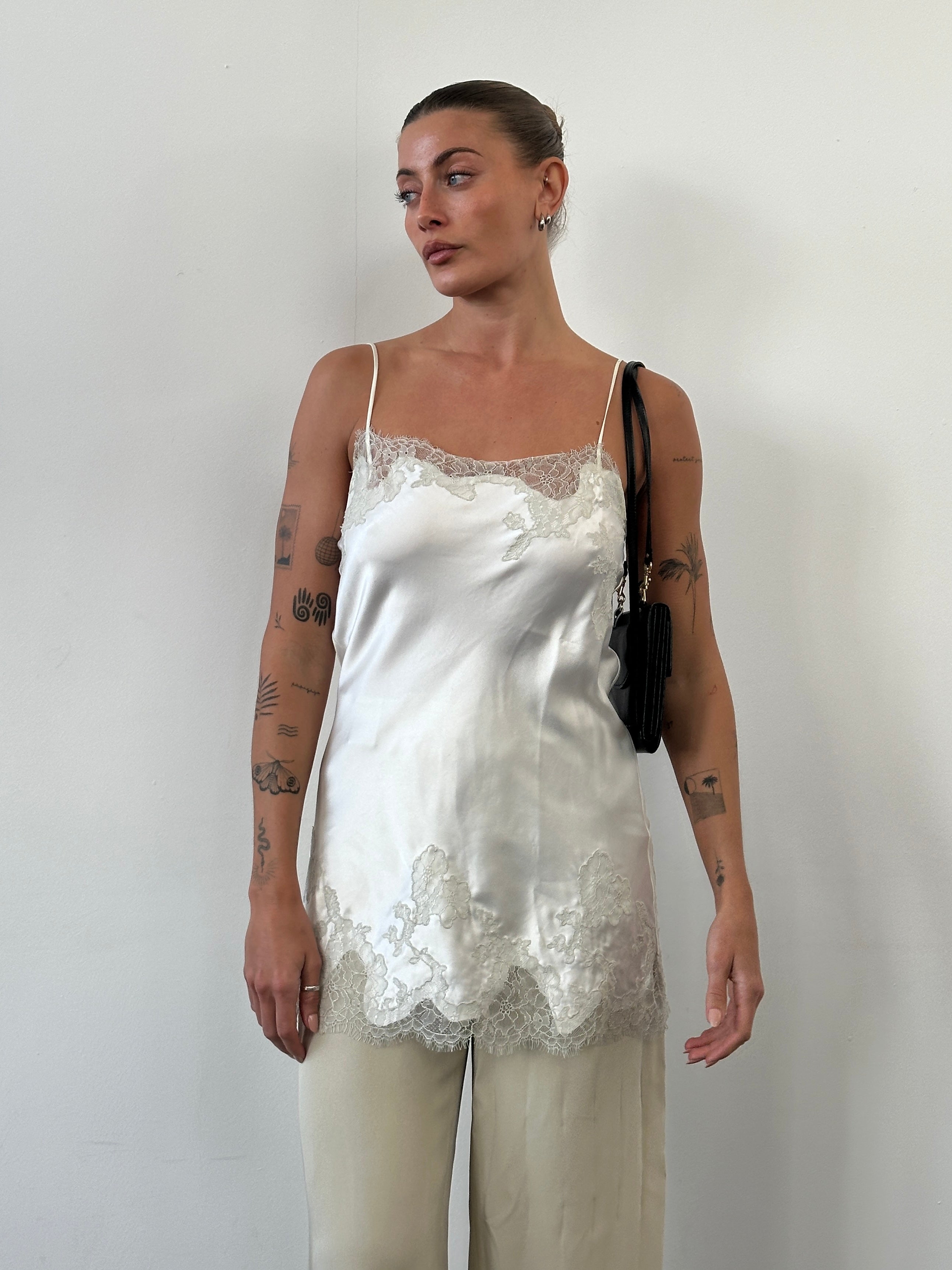 Victoria’s Secret 2000s lace satin slip dress in S/M, featuring delicate lace and smooth satin fabric, fitted silhouette.