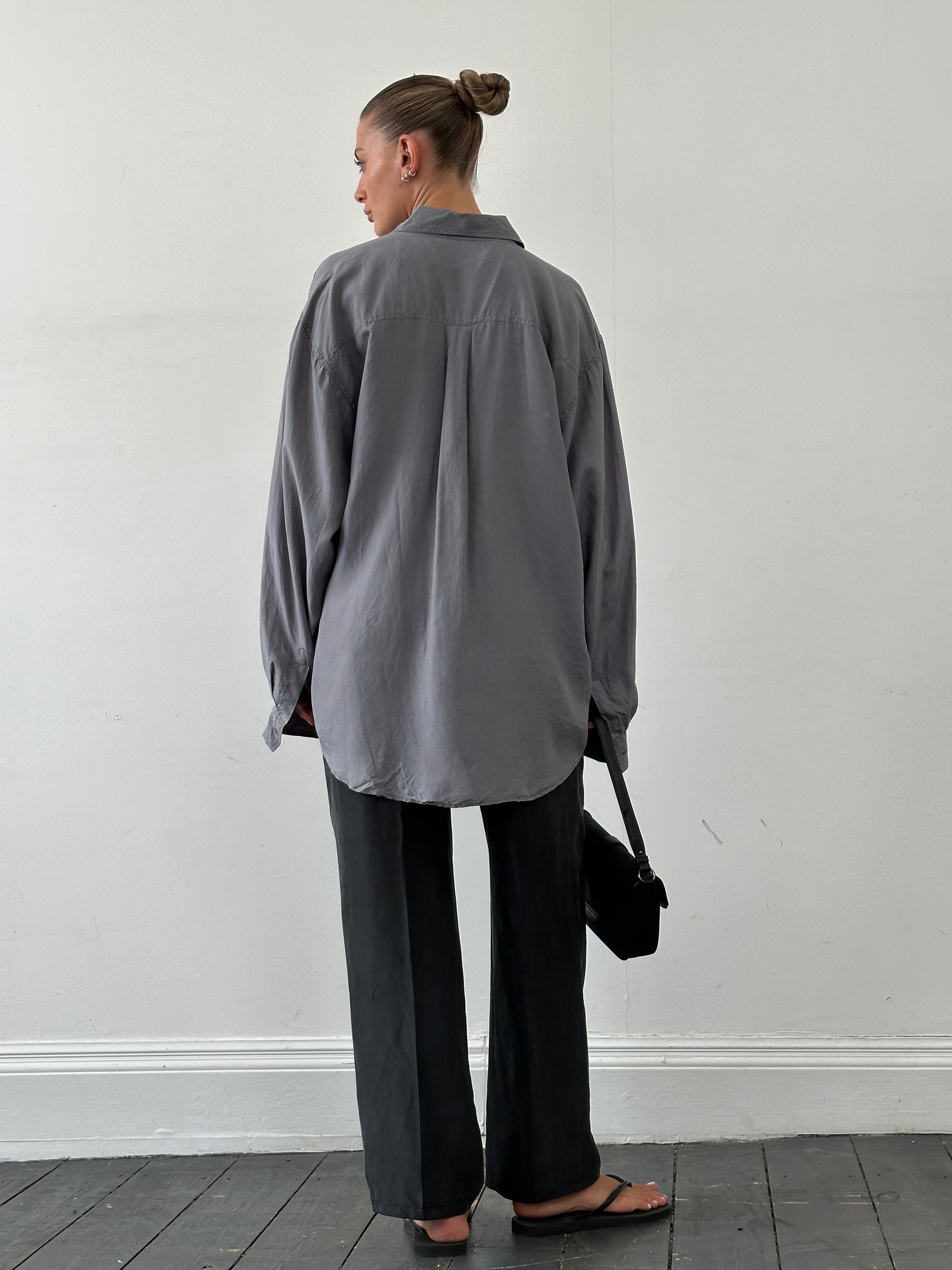 Vintage pure silk shirt in XXL size, shown in a classic style with smooth, shiny fabric and a button-up front.