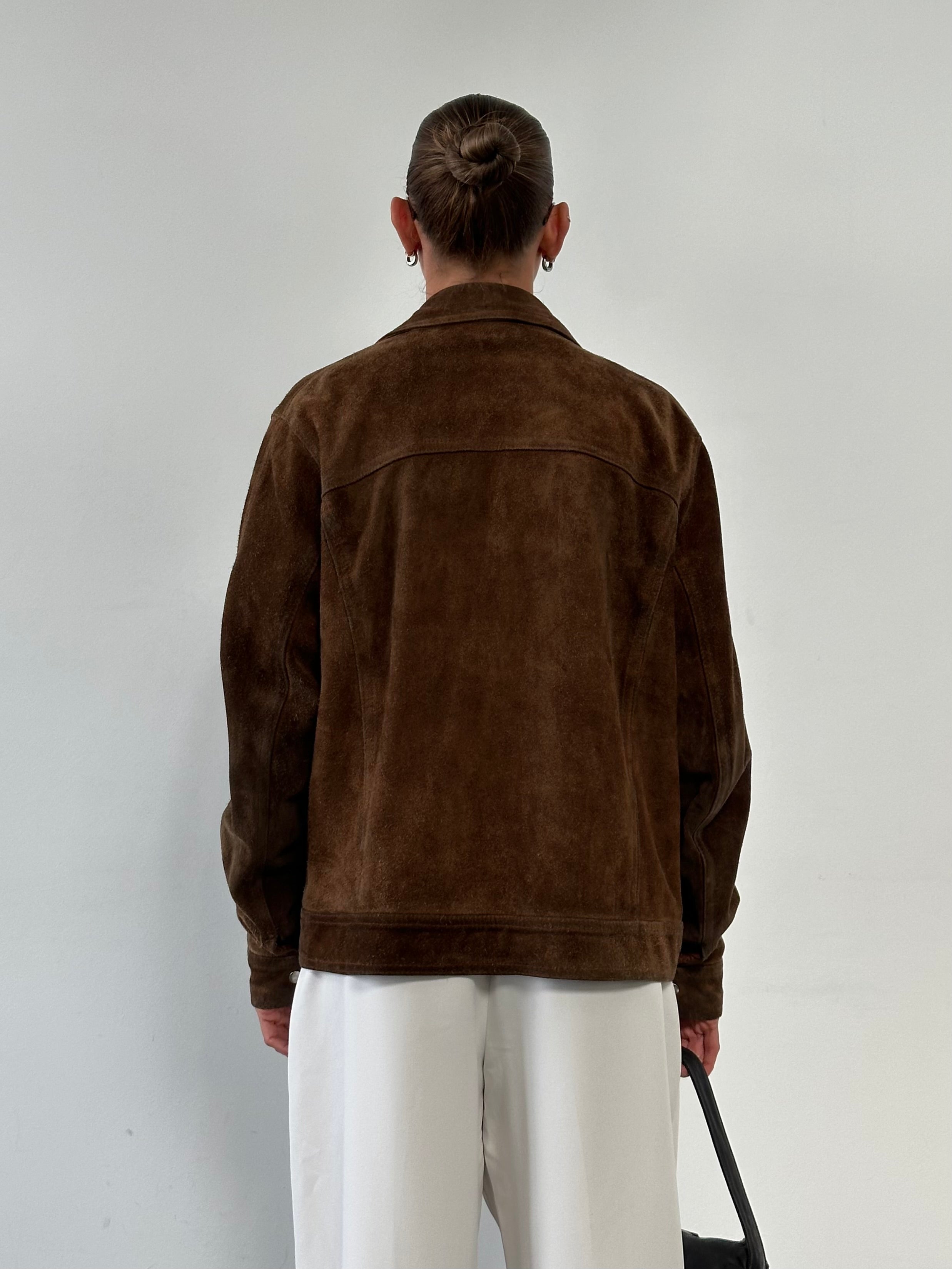 Vintage Dagger Collar Suede Jacket in size L, featuring a classic collar and soft suede material, displayed on a hanger.