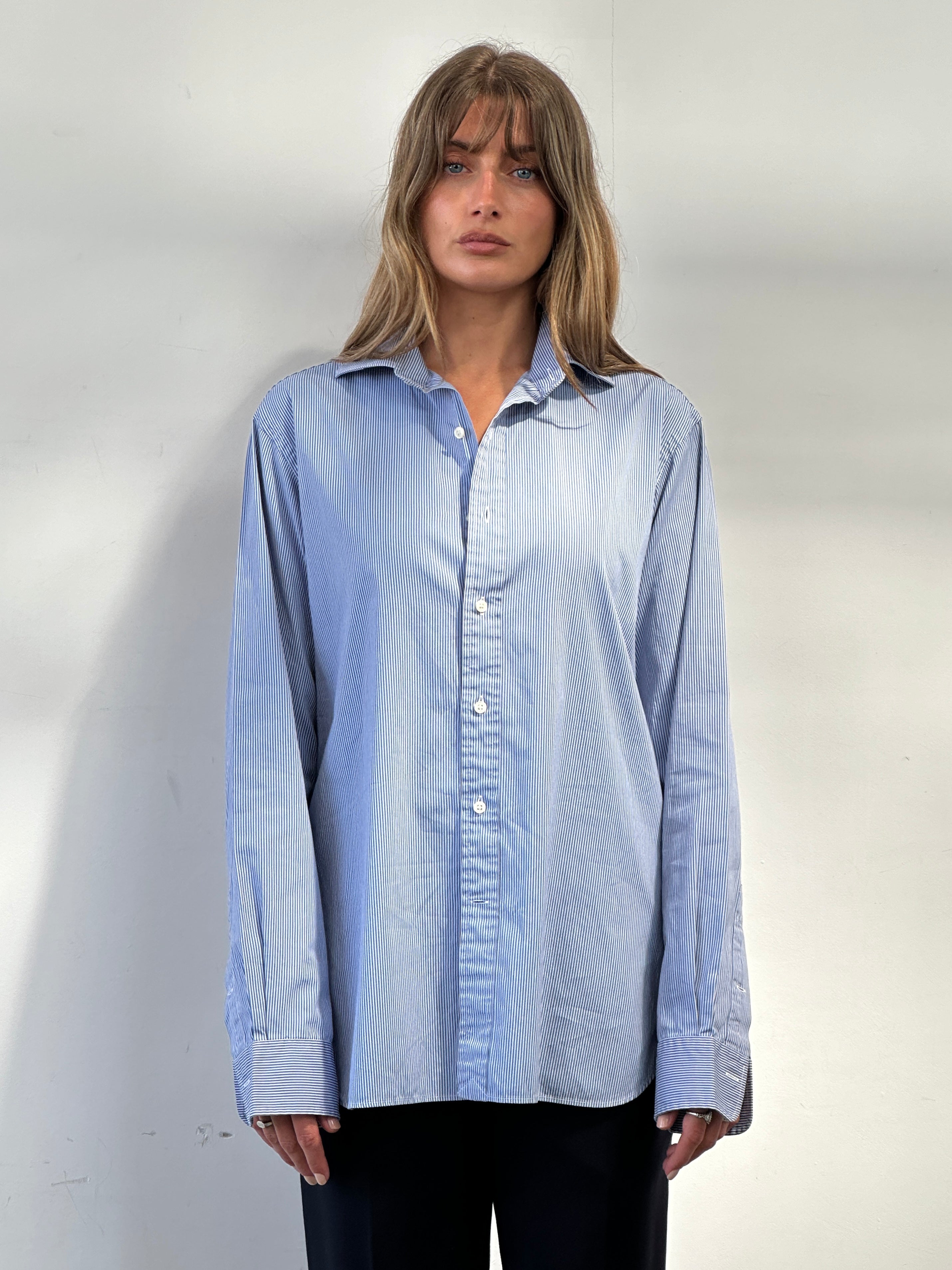Ralph Lauren striped pure cotton shirt with embroidery logo, in size L/XL, featuring classic design and button-down collar.