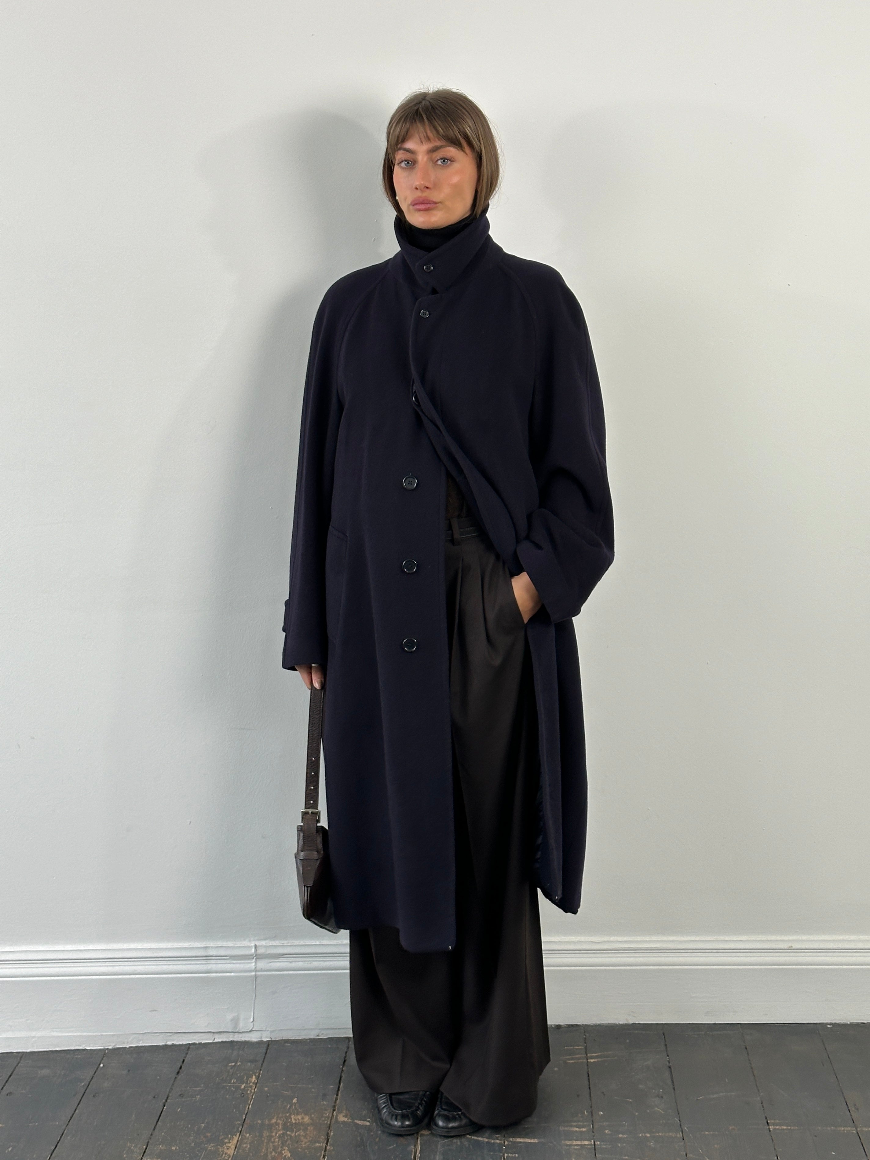 Jaeger 1990s high neck pure cashmere coat in XL, beige color, tailored fit with long sleeves and classic collar detail.