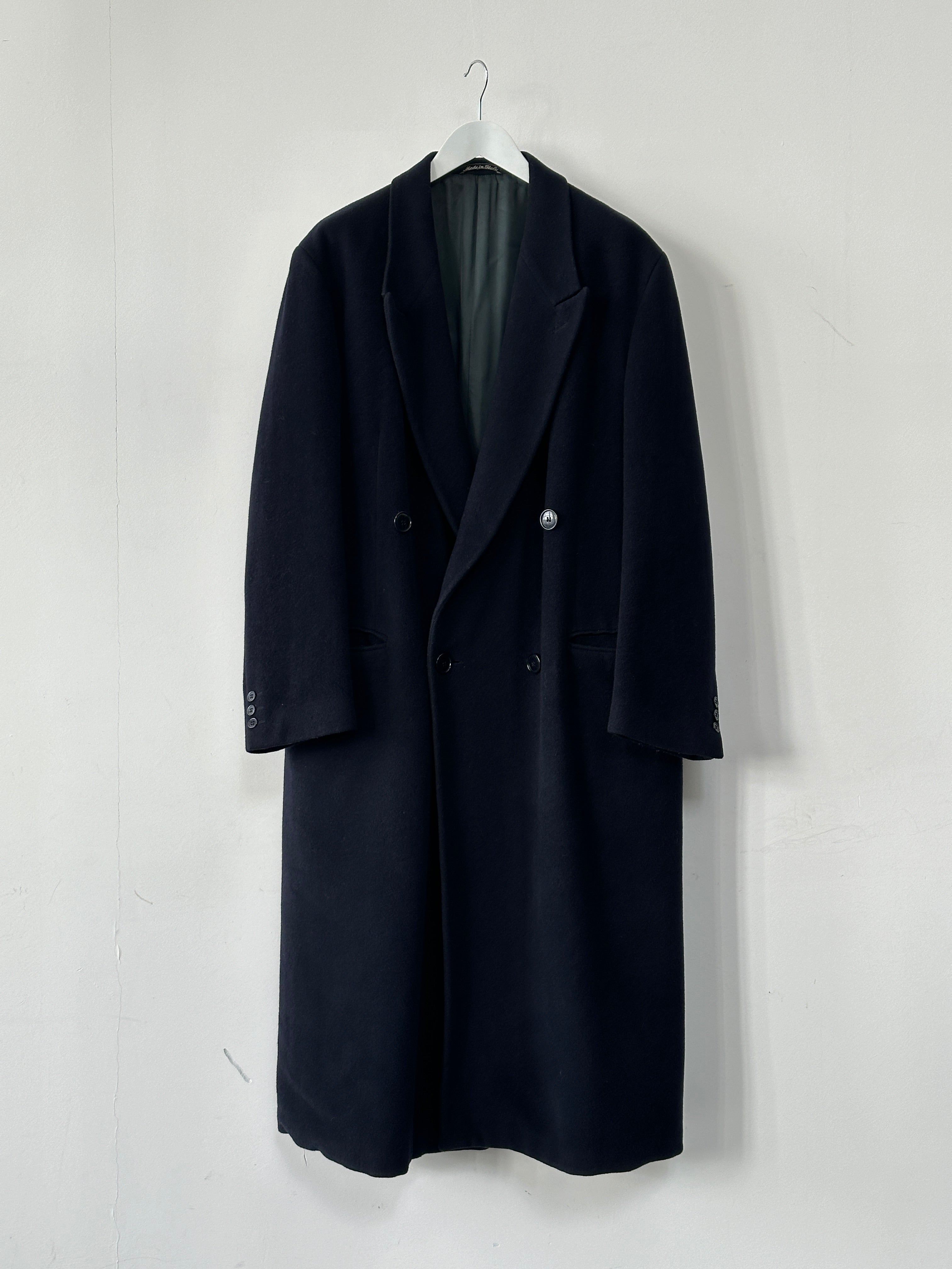 Emporio Armani wool and cashmere double-breasted coat in XL/XXL, shown hanging with classic tailored design and neutral color.