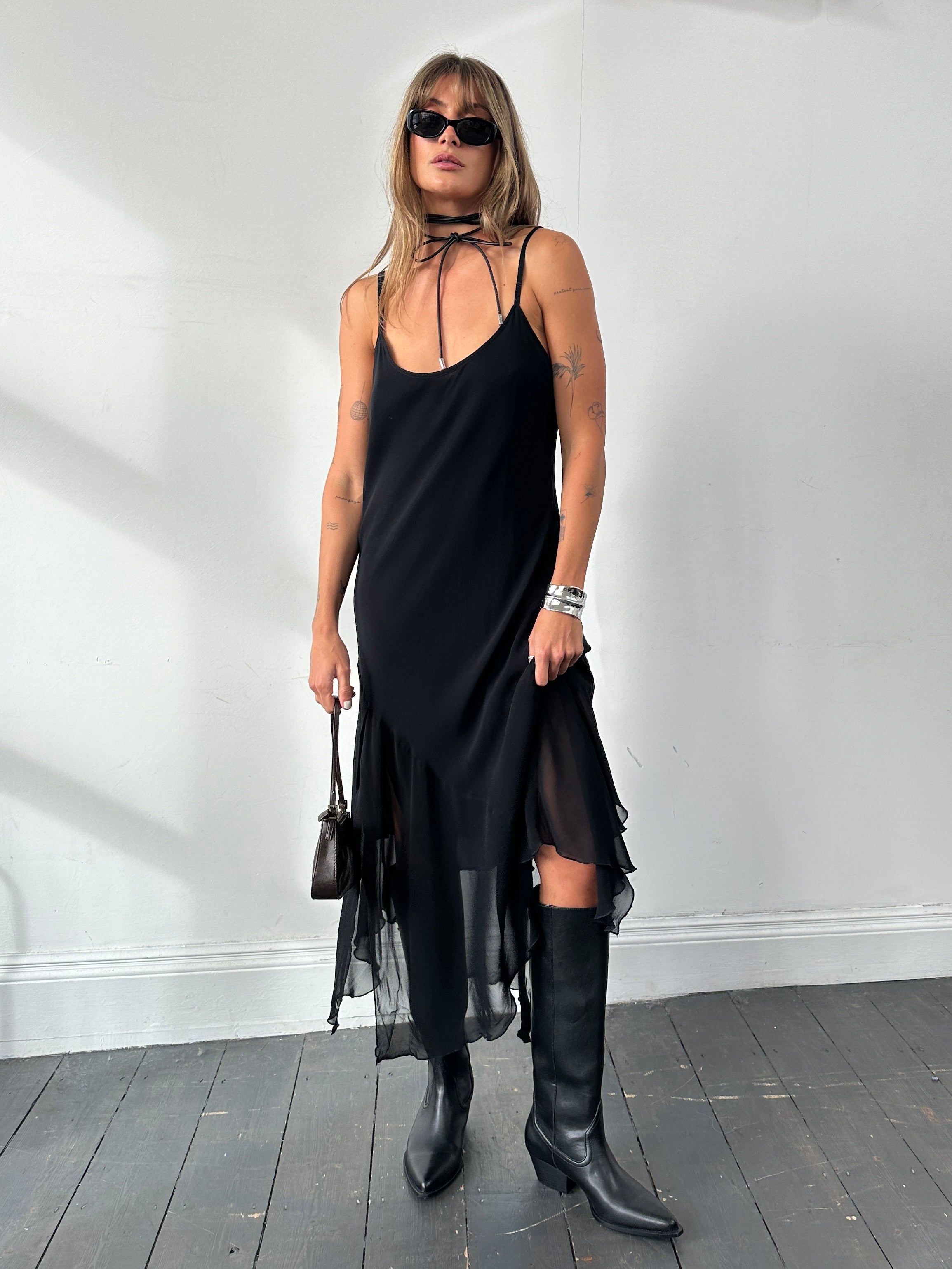 Italian Vintage split hem slip dress in size large, featuring a flowy fabric and vintage-inspired design.