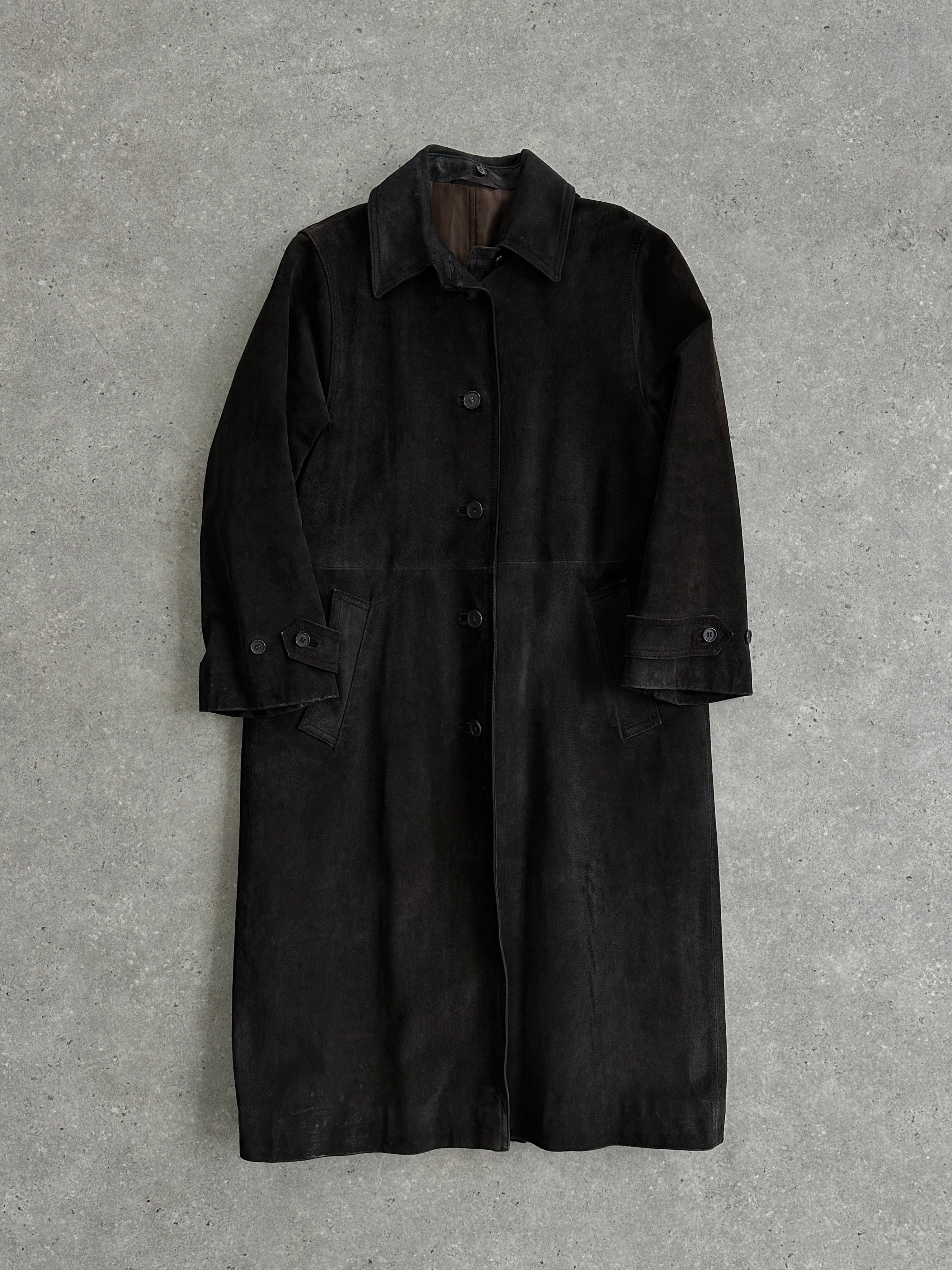 Vintage suede trench coat jacket in size M/L, featuring classic design and textured suede material, displayed on a hanger.