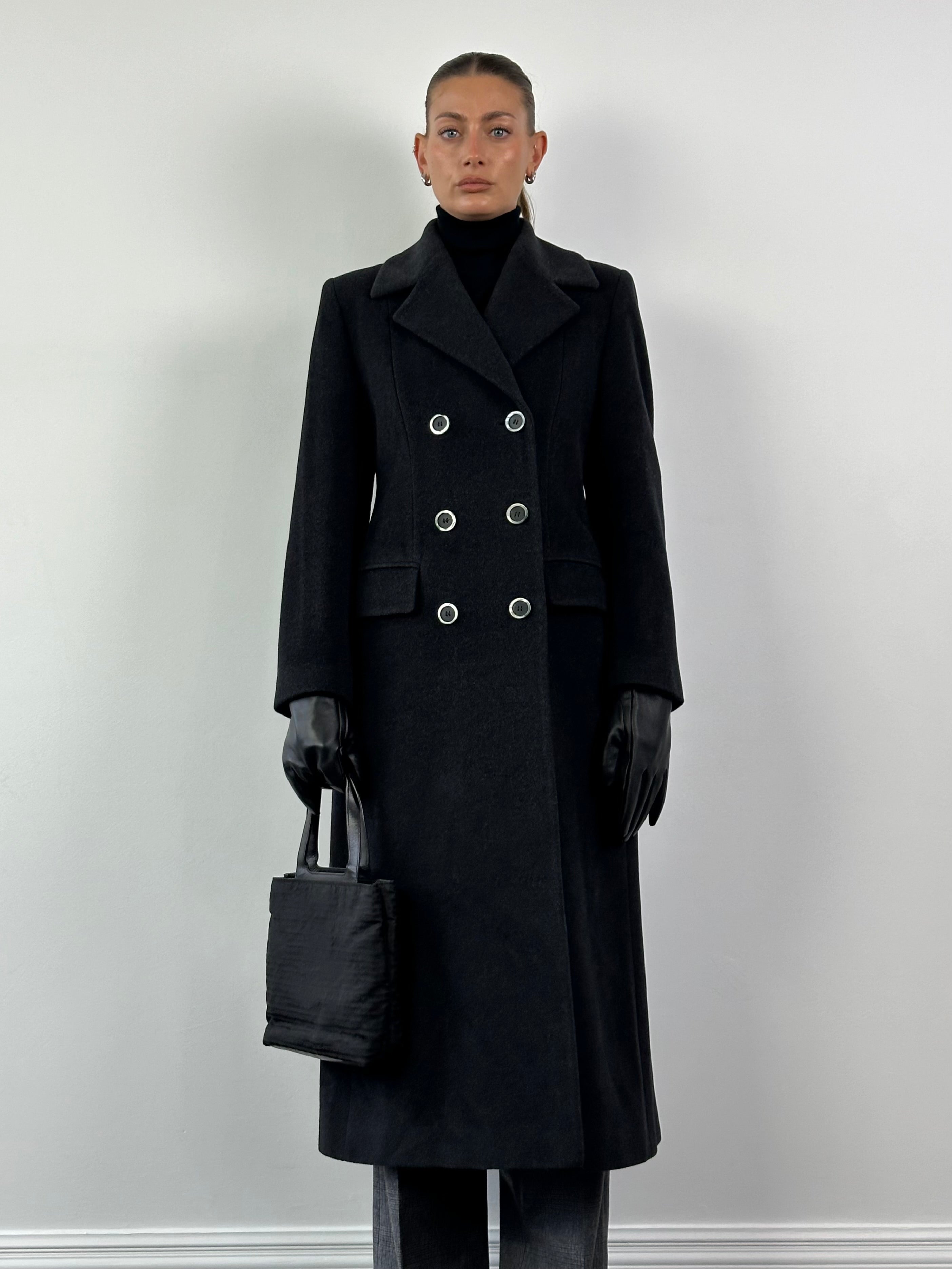 Vintage Italian vintage pure wool double-breasted floor-length coat in size M, showcasing classic tailored design and rich wool texture.