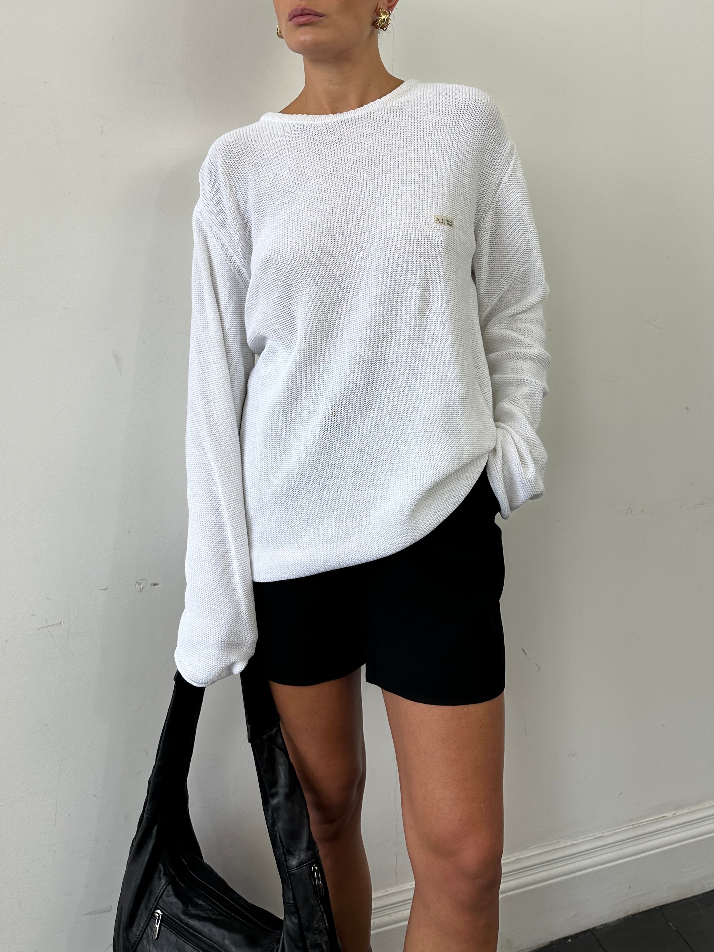 Armani Jeans XL pure cotton logo knitted jumper in navy, featuring a ribbed collar and textured knit pattern.