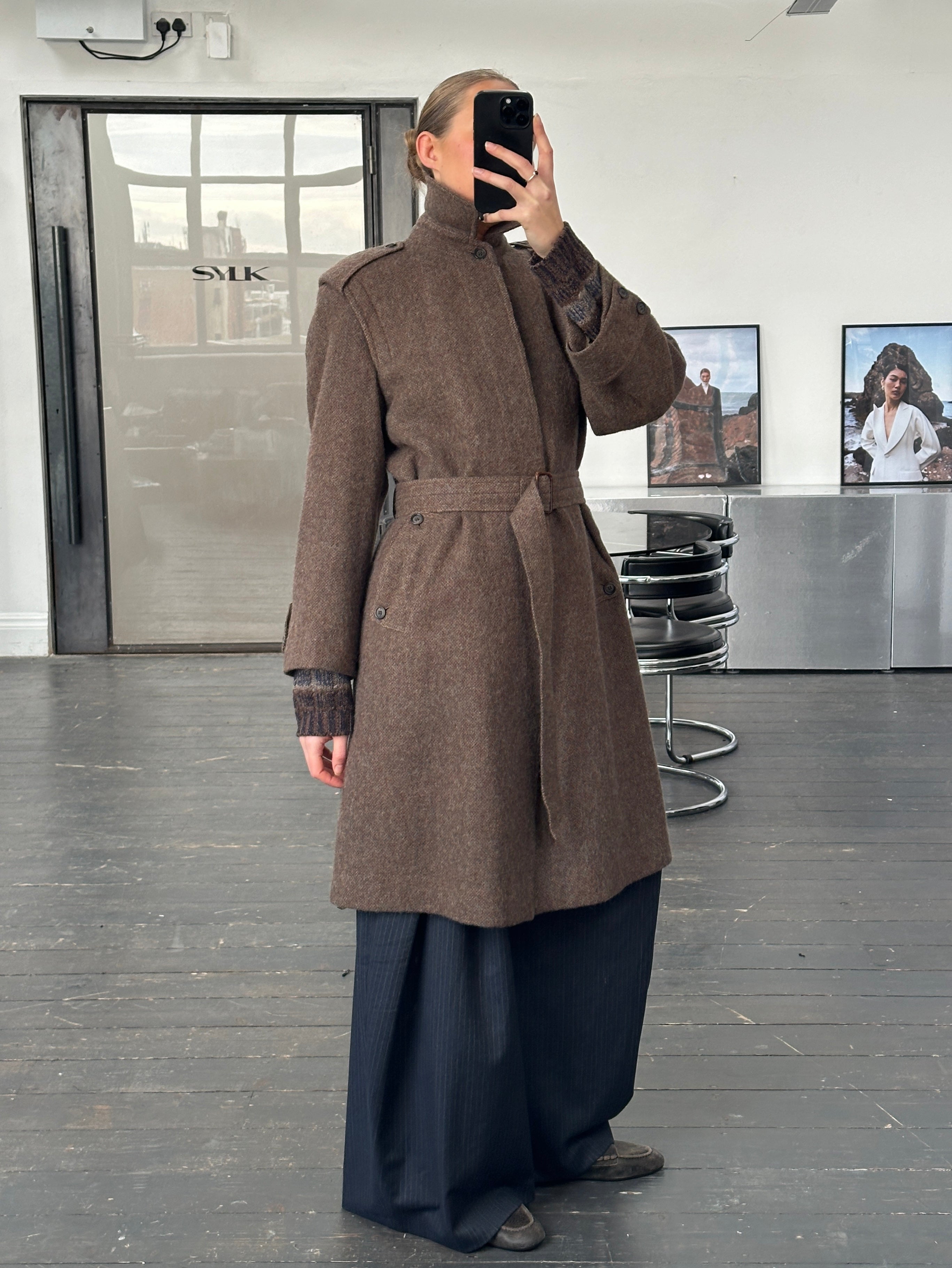 Vintage Italian 1990s wool mohair belted coat, single-breasted design in size L, showcasing classic style and textured fabric.