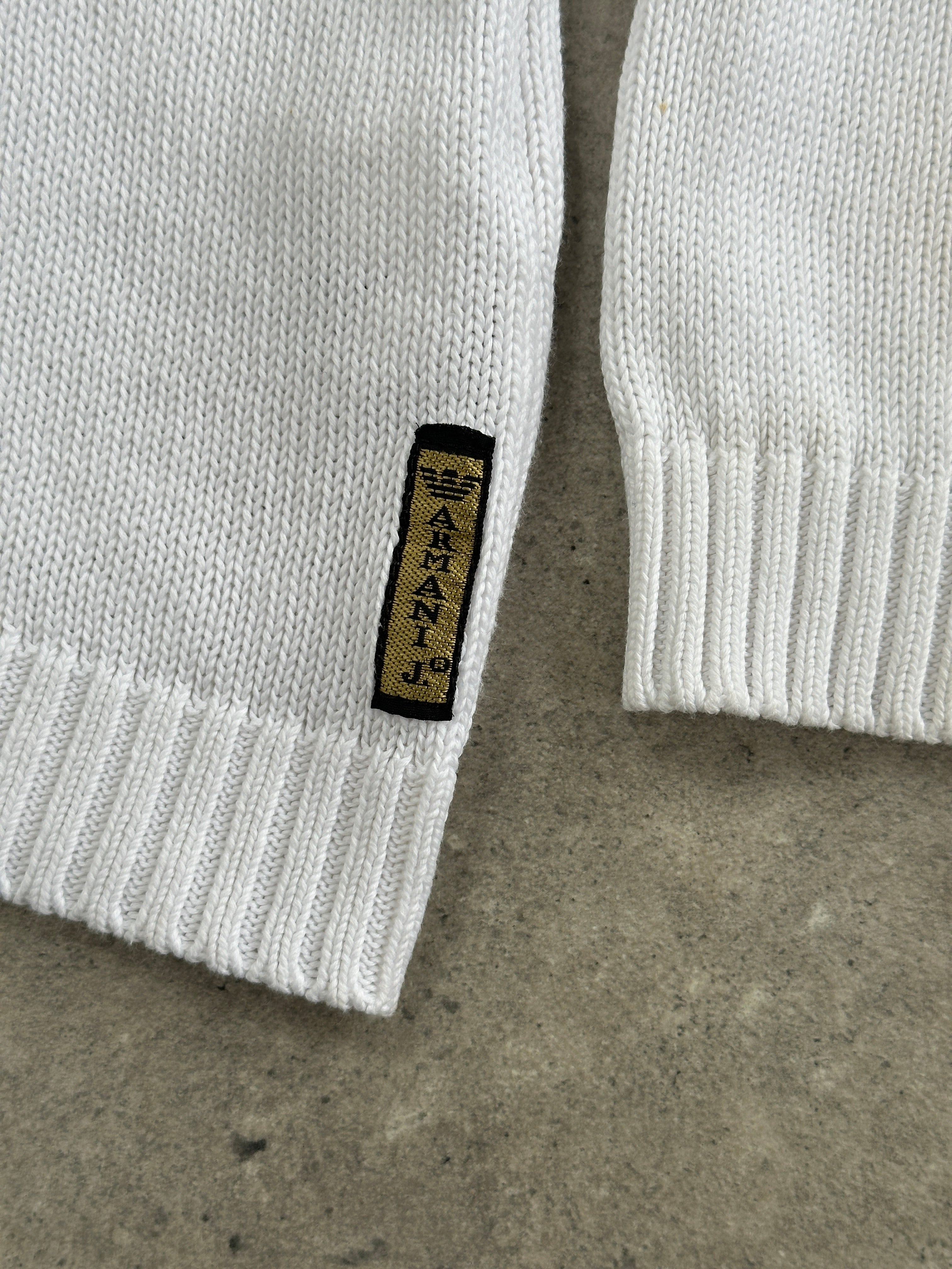 Armani Jeans 2000s pure cotton logo knitted jumper in XL, navy color with embroidered Armani logo on front.