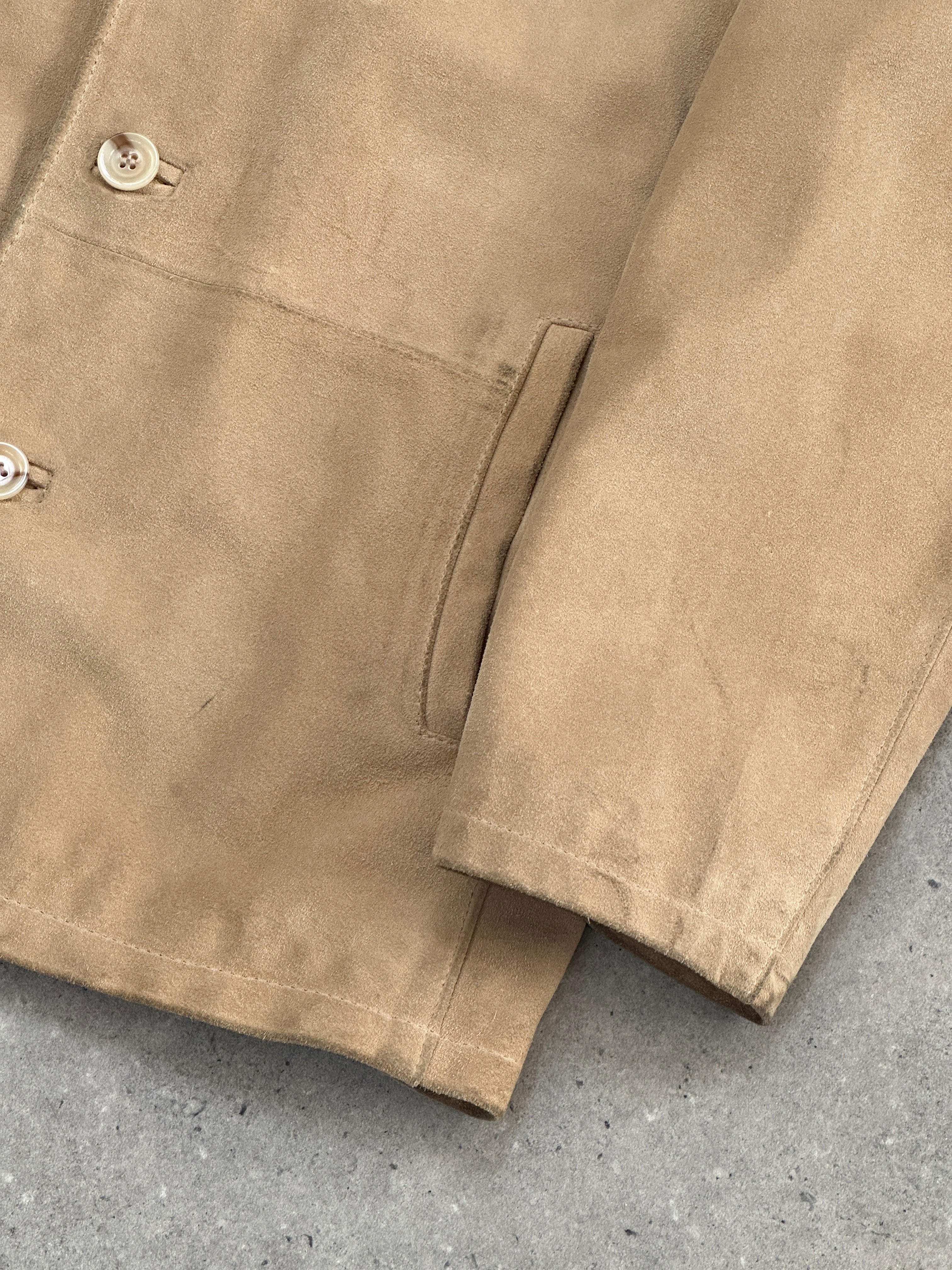 Vintage Italian suede jacket in size large, stylish retro design with a classic suede texture and tailored fit.