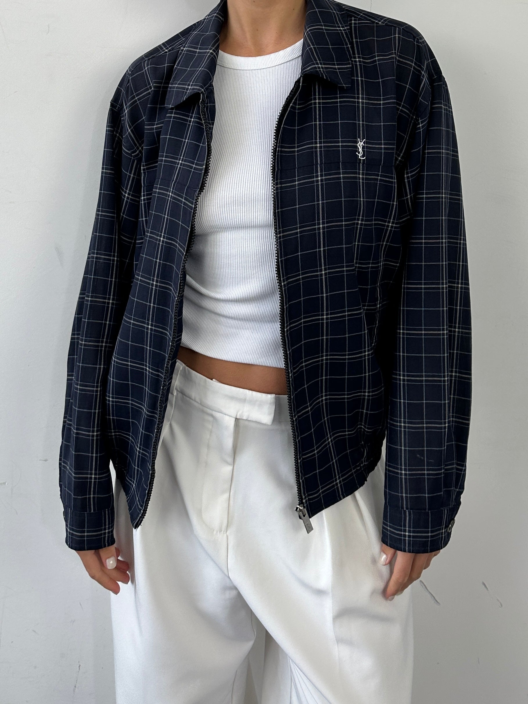 Yves Saint Laurent Pour Homme check logo bomber jacket in black with ribbed cuffs and collar, front zip closure, size large.