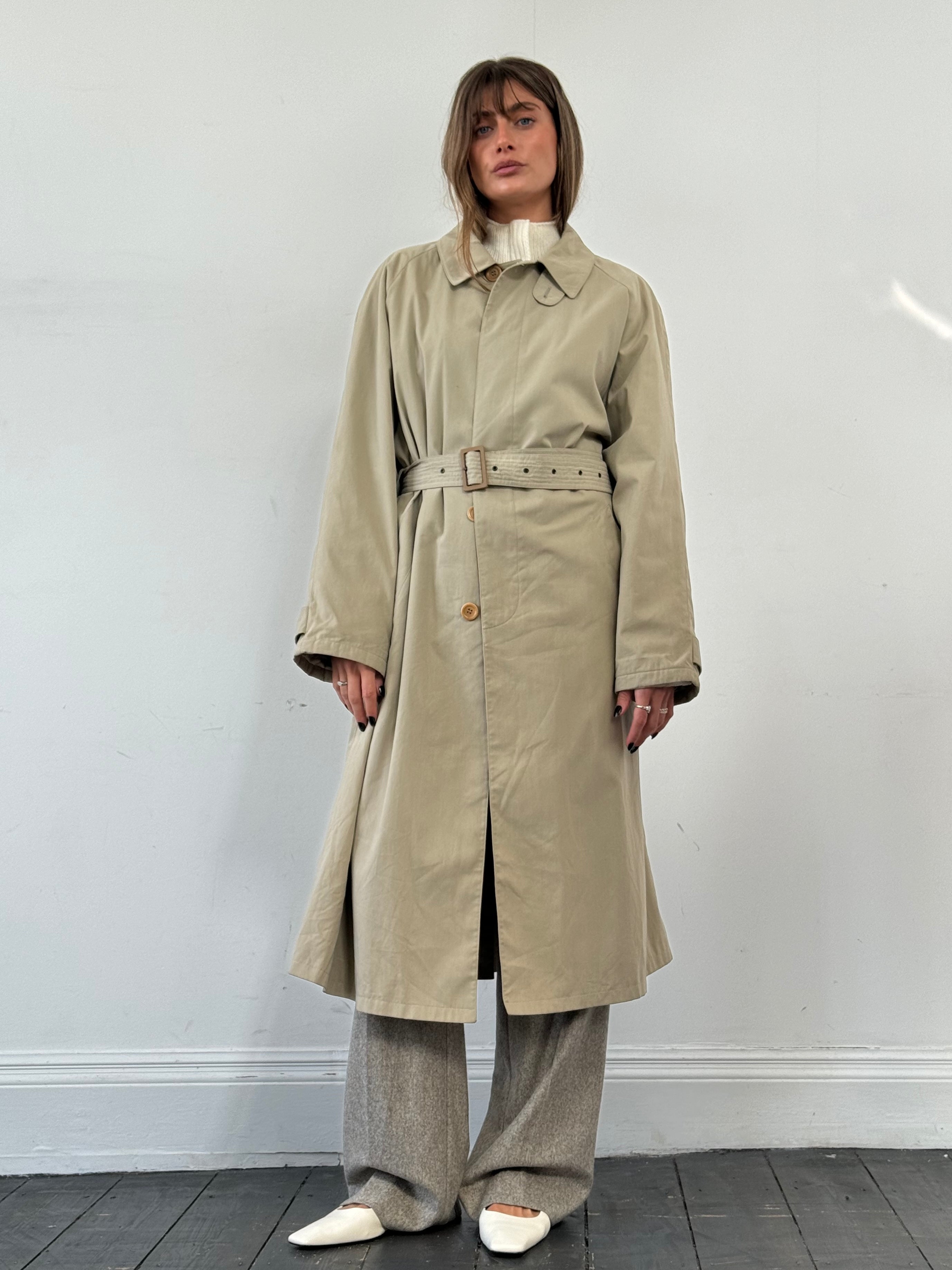 Giorgio Armani Le Collezioni cotton belted trench coat in XXL, showing classic beige fabric with a waist belt and tailored fit.