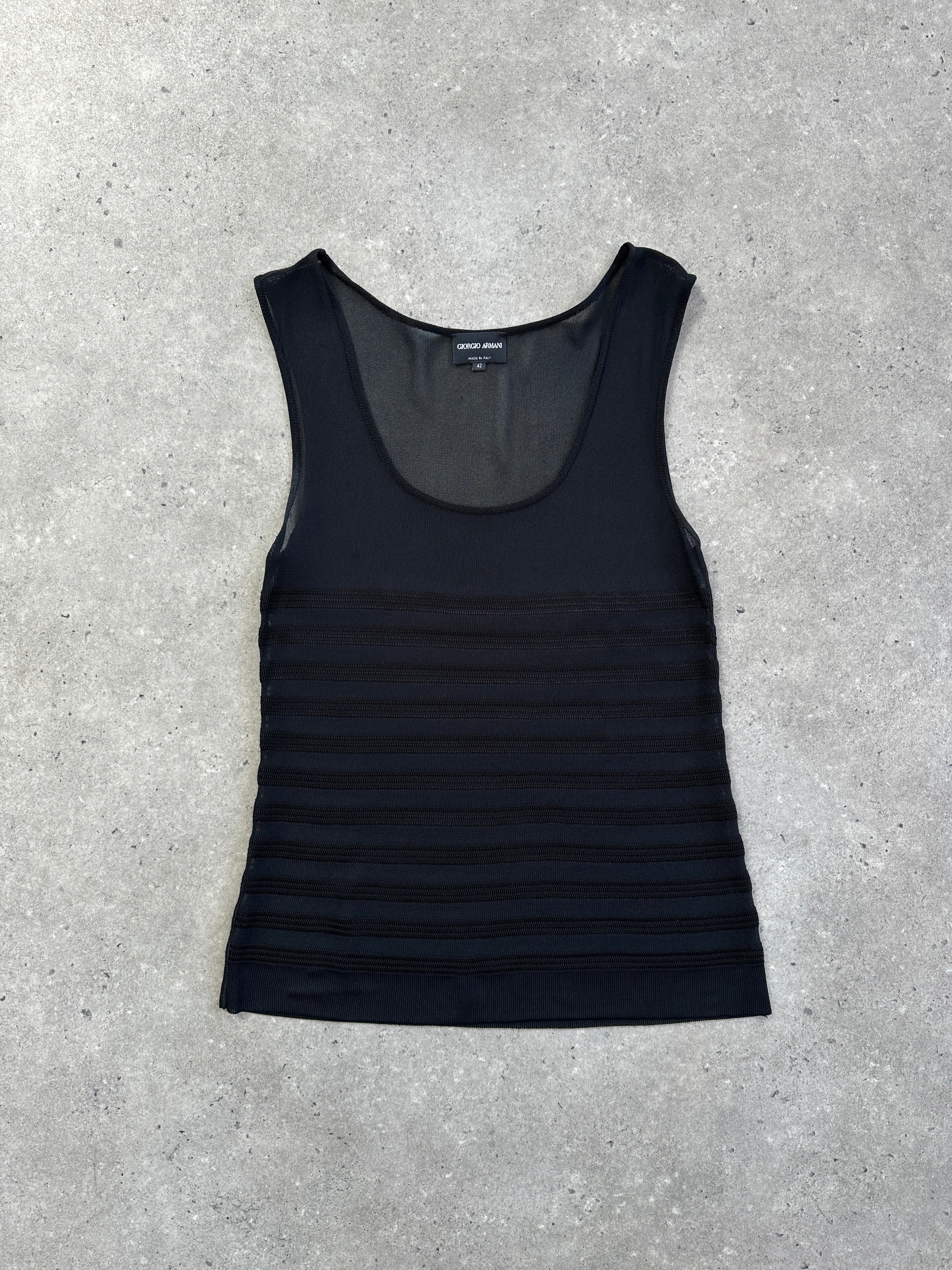 Giorgio Armani 2000s sheer ribbed vest top in size M, lightweight and fitted with a ribbed texture, displayed on a neutral background.
