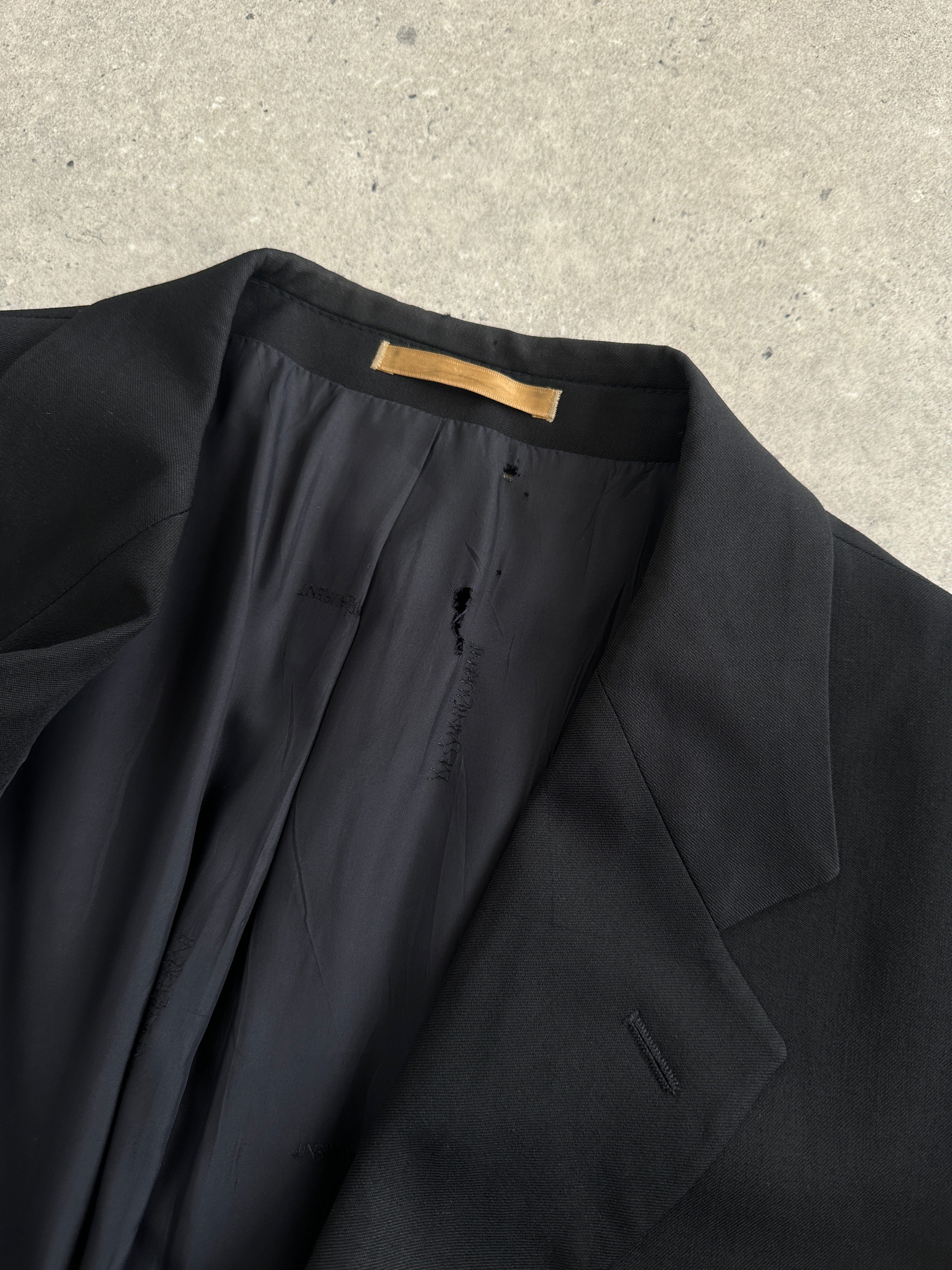 Yves Saint Laurent Pour Homme 1990s pure wool blazer, size 44R/XL, classic tailored men's blazer in dark fabric.