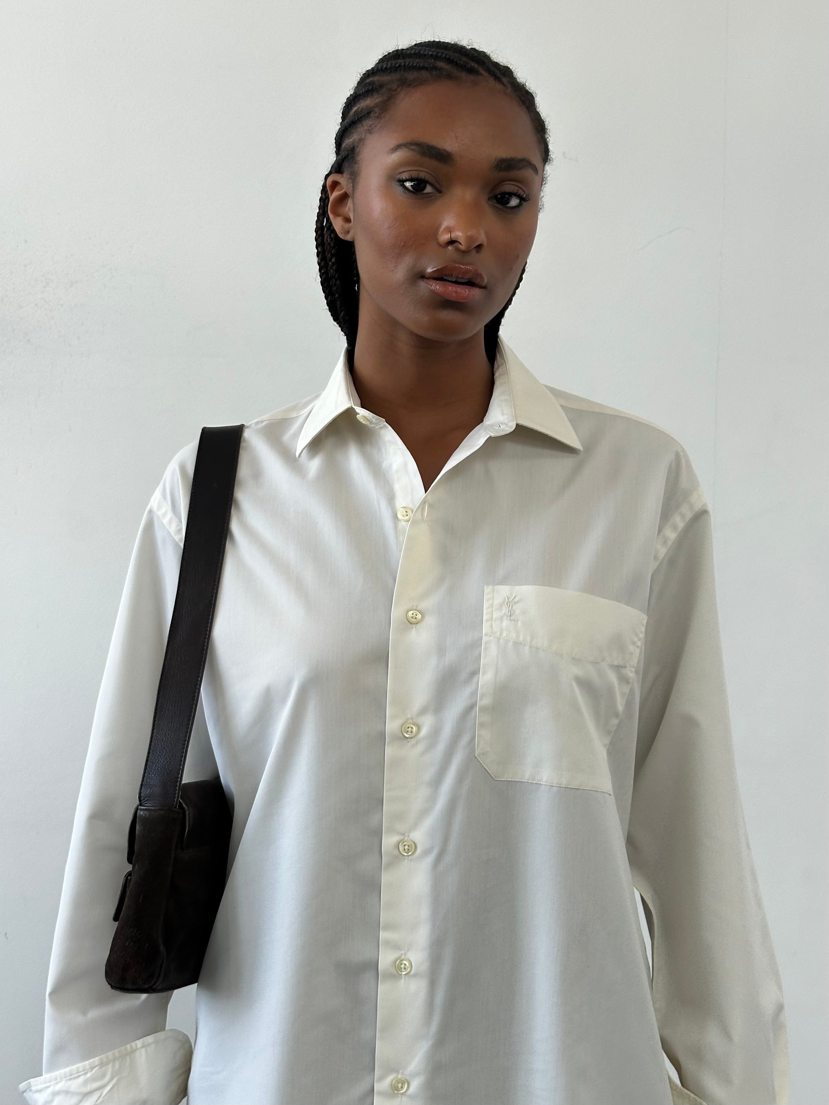 Yves Saint Laurent Pour Homme 1990s cotton logo shirt in size L, featuring a classic design with the YSL logo on the front.