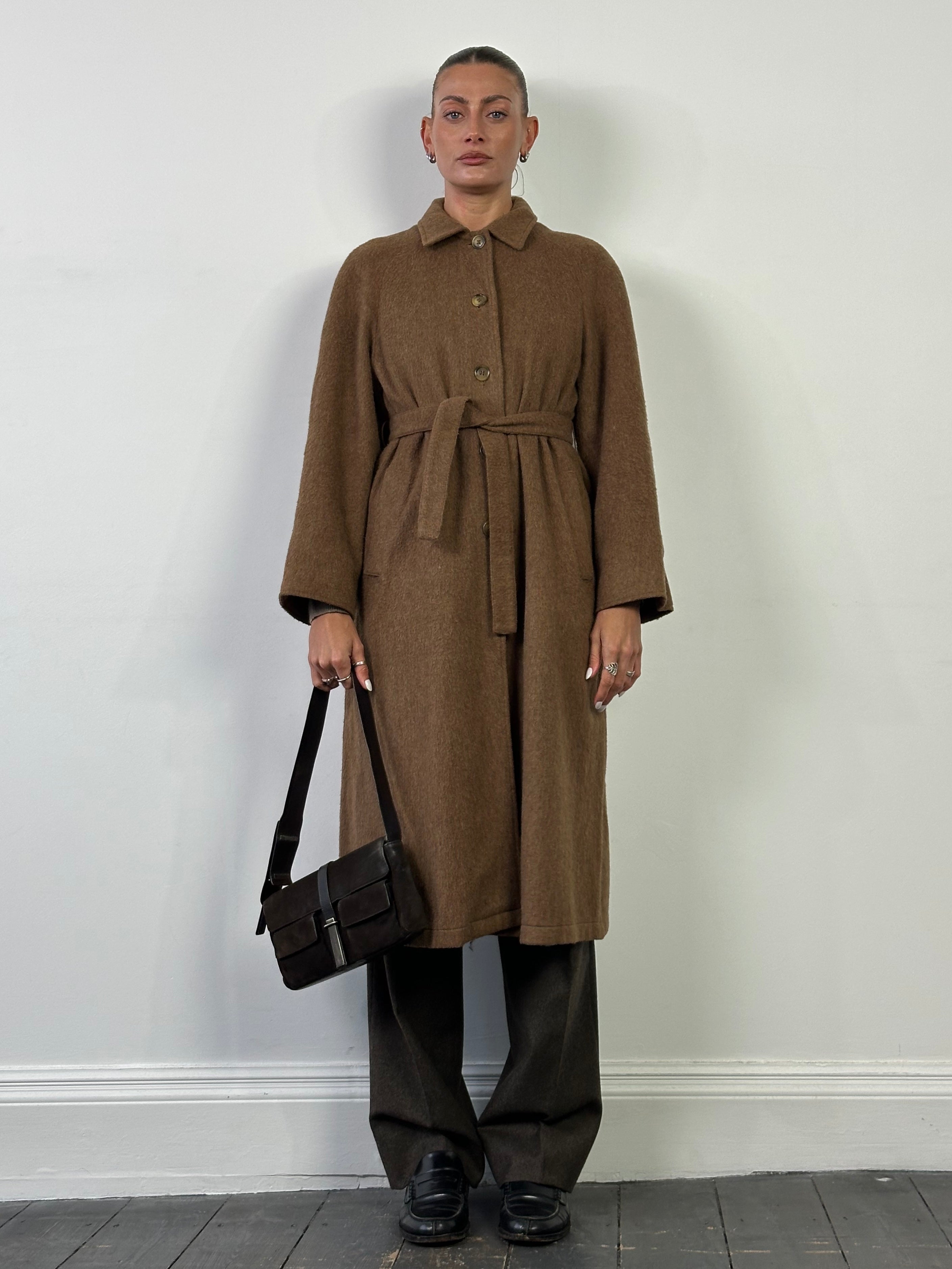 Marella 90s brushed wool single-breasted belted coat in neutral tones, featuring classic lapels and a tailored fit.
