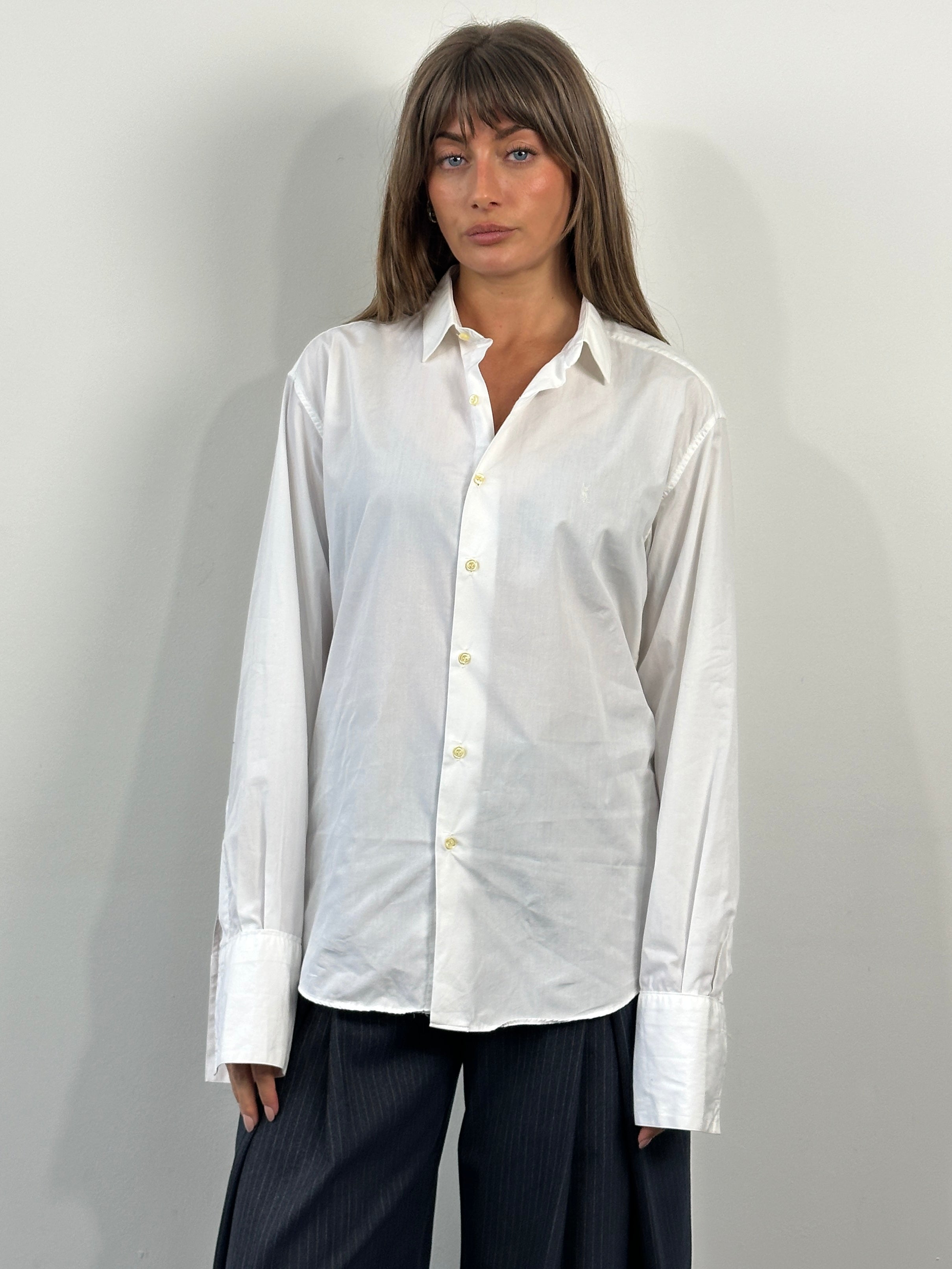 Yves Saint Laurent Diffusion Homme 1990s cotton dress shirt in size M, classic white with button-down front and long sleeves.