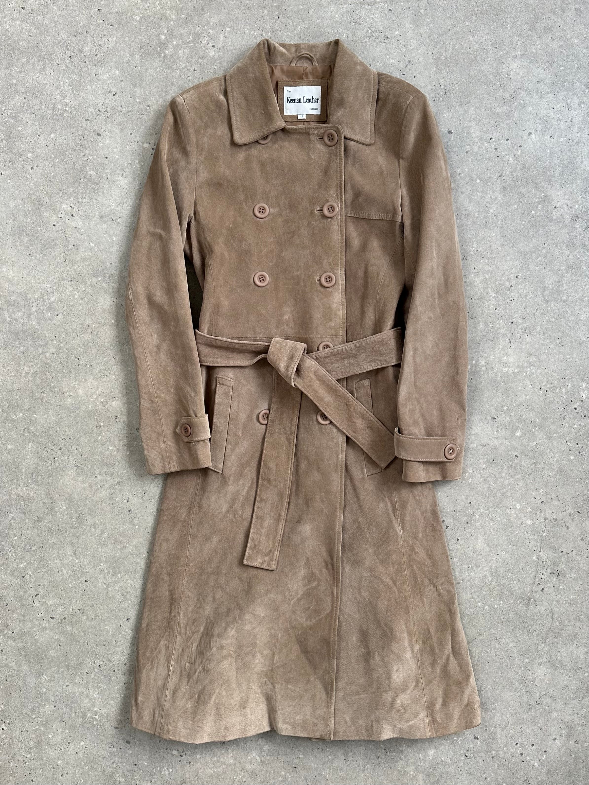 Vintage 1990s suede double-breasted belted trench coat in size small, showcasing classic style and rich suede texture.