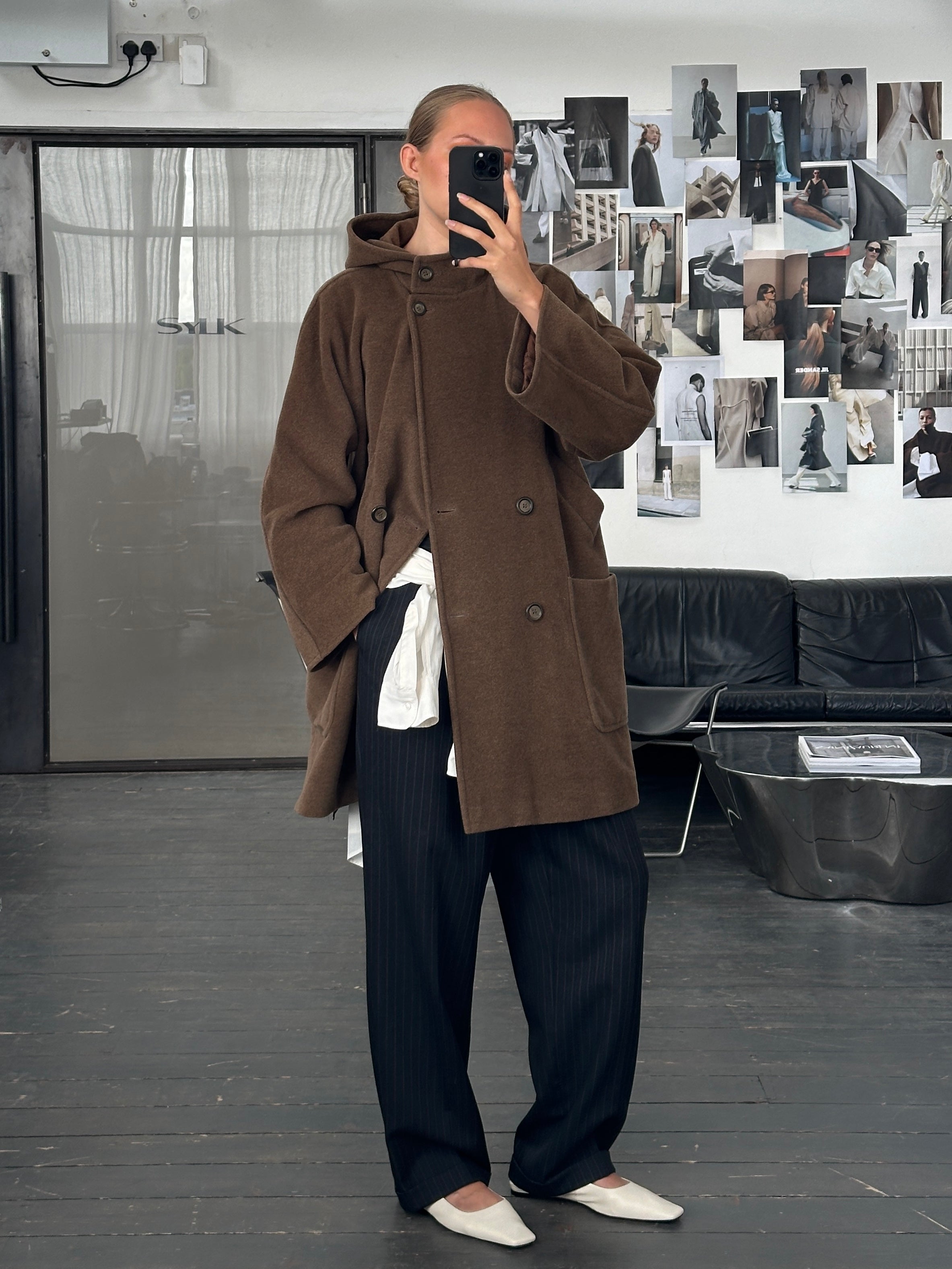Max Mara Weekend 2000s wool hooded double-breasted coat in size M, shown on a hanger with a neutral background.