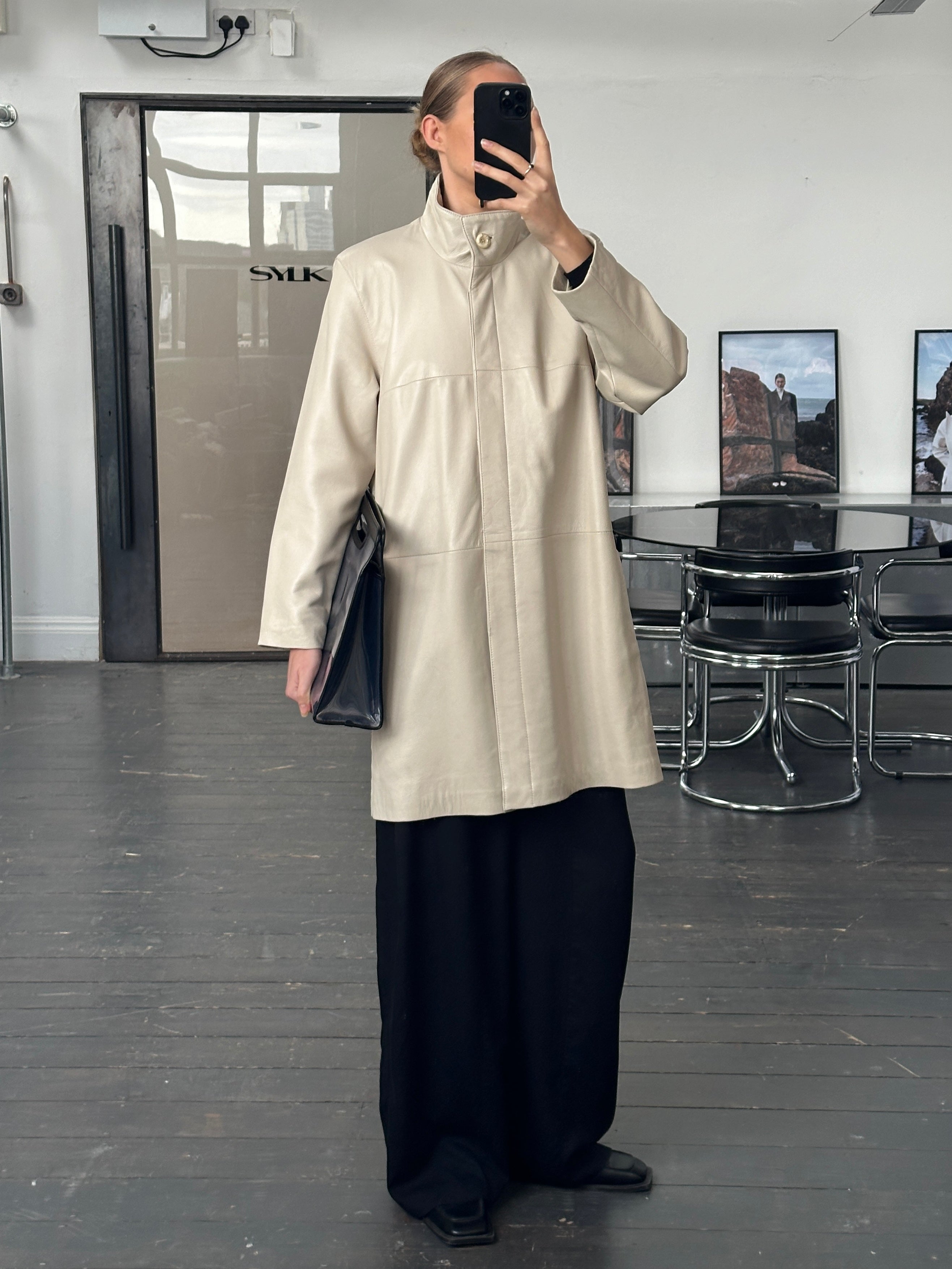 Vintage 1990s High Neck Leather Trench Coat - L - SYLK