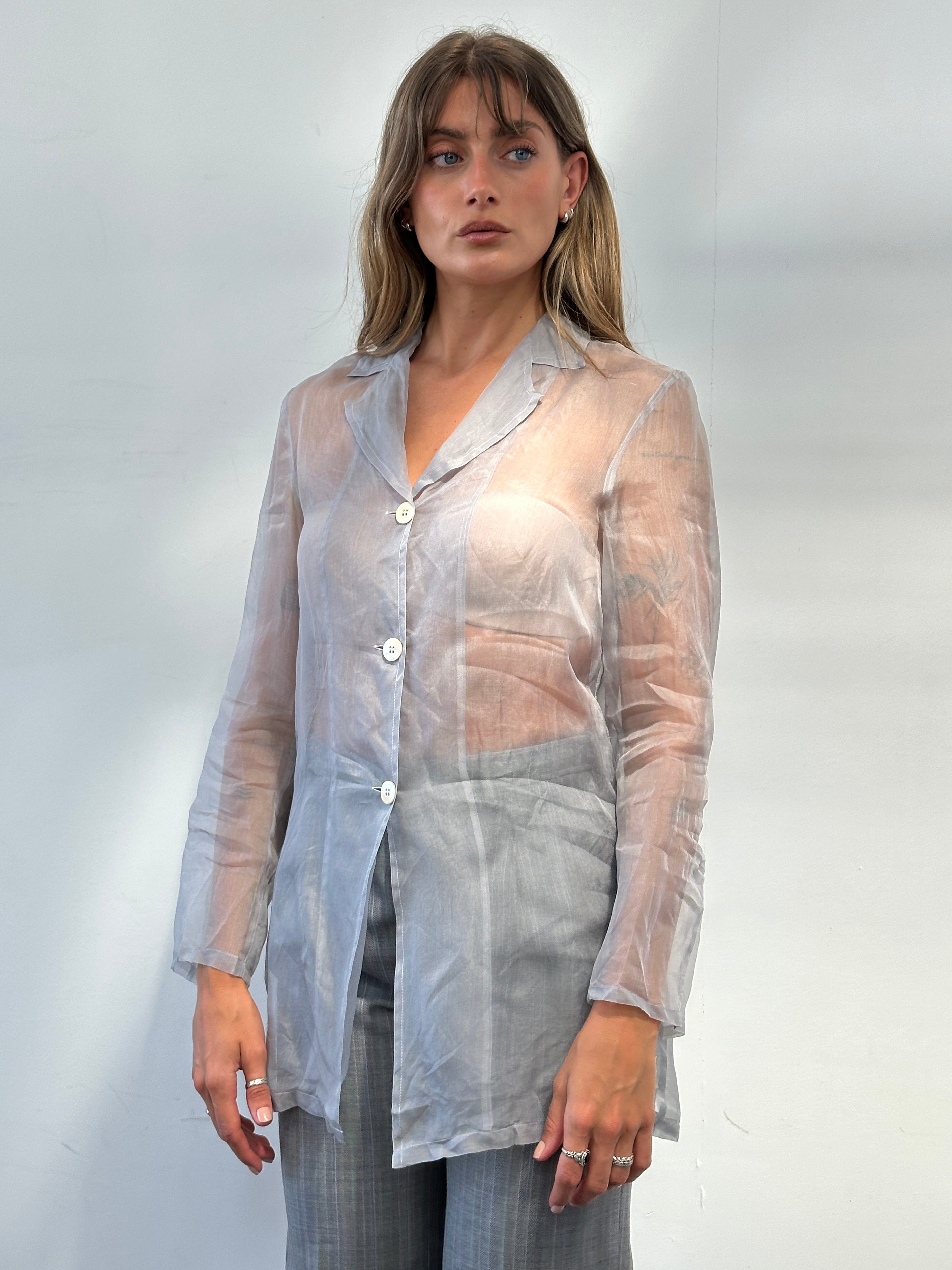 MAX & Co sheer organza shirt in size S, featuring lightweight, transparent fabric with a classic collar and button front design.