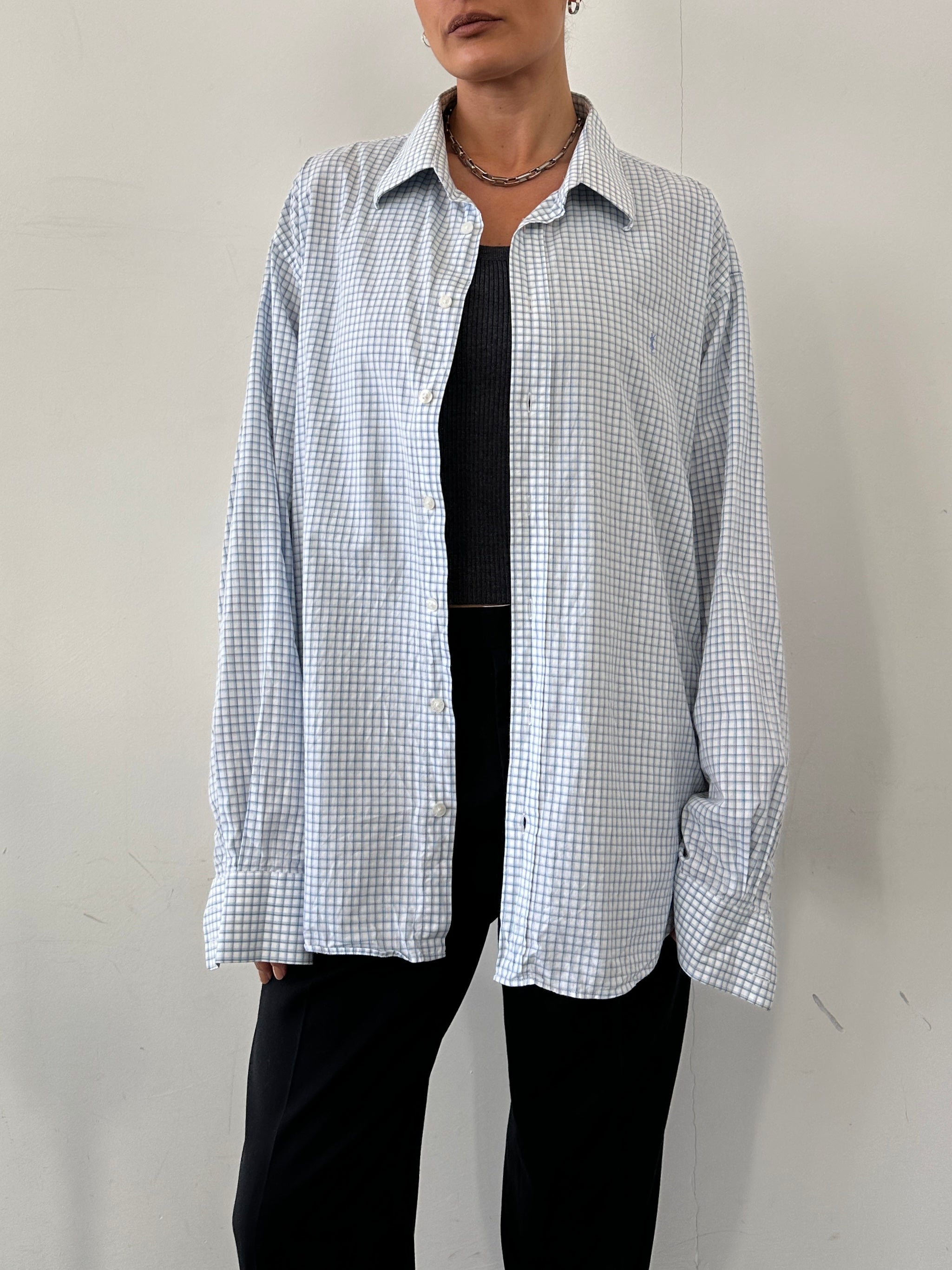 Yves Saint Laurent Pour Homme pure cotton check shirt in XXL, featuring a classic blue and white plaid pattern.