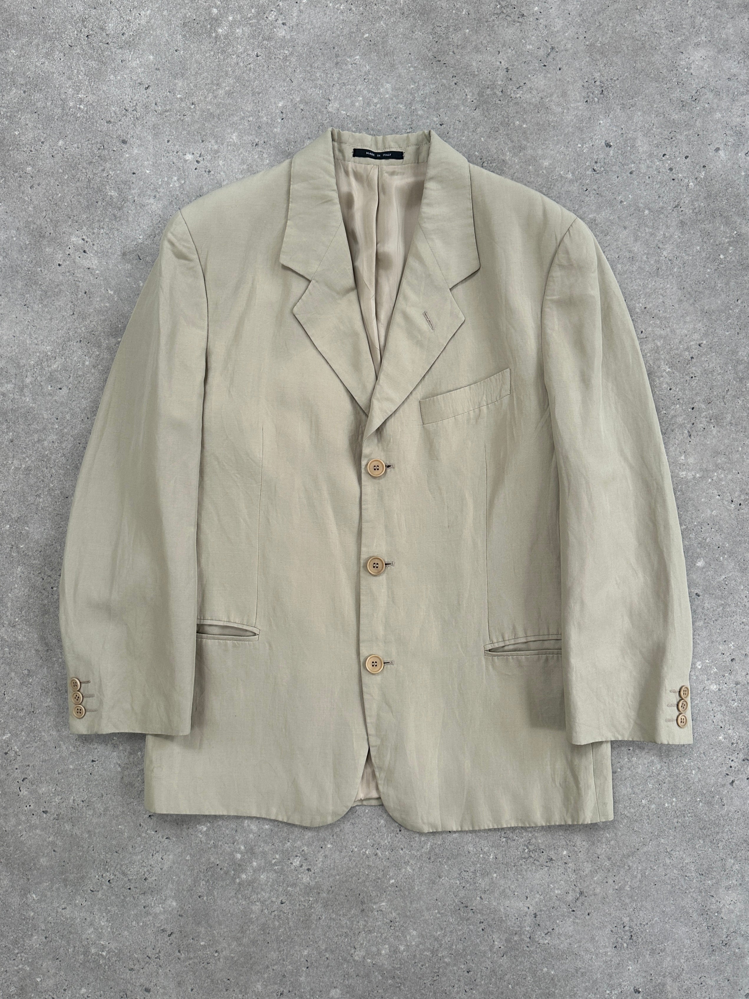 Emporio Armani linen single-breasted blazer in size 40R/L, shown in a stylish, tailored fit with classic lapels and refined detailing.