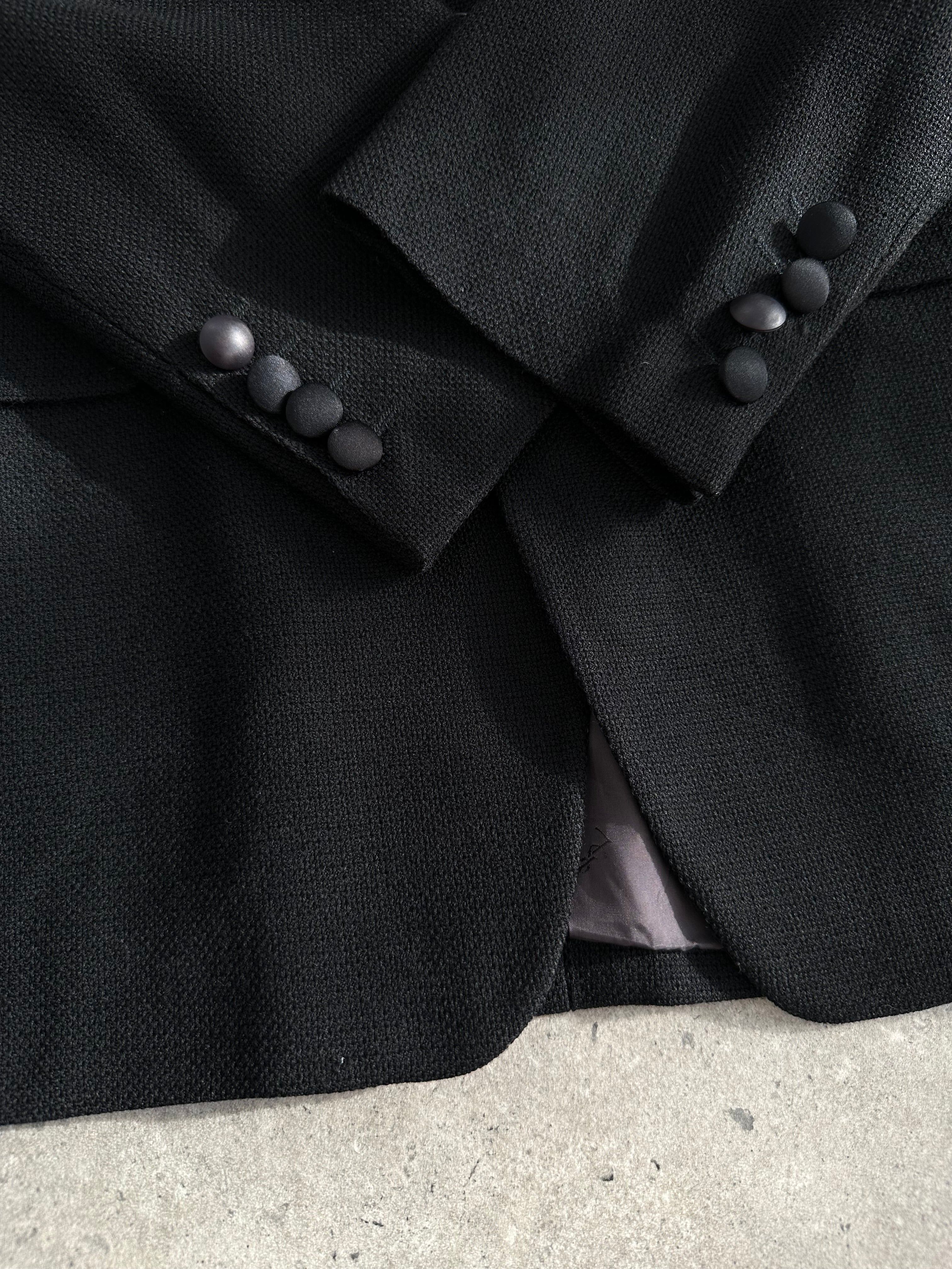 Yves Saint Laurent Pour Homme 1990s wool woven single-breasted blazer in size 42R/L, navy color, tailored fit with notch lapels.