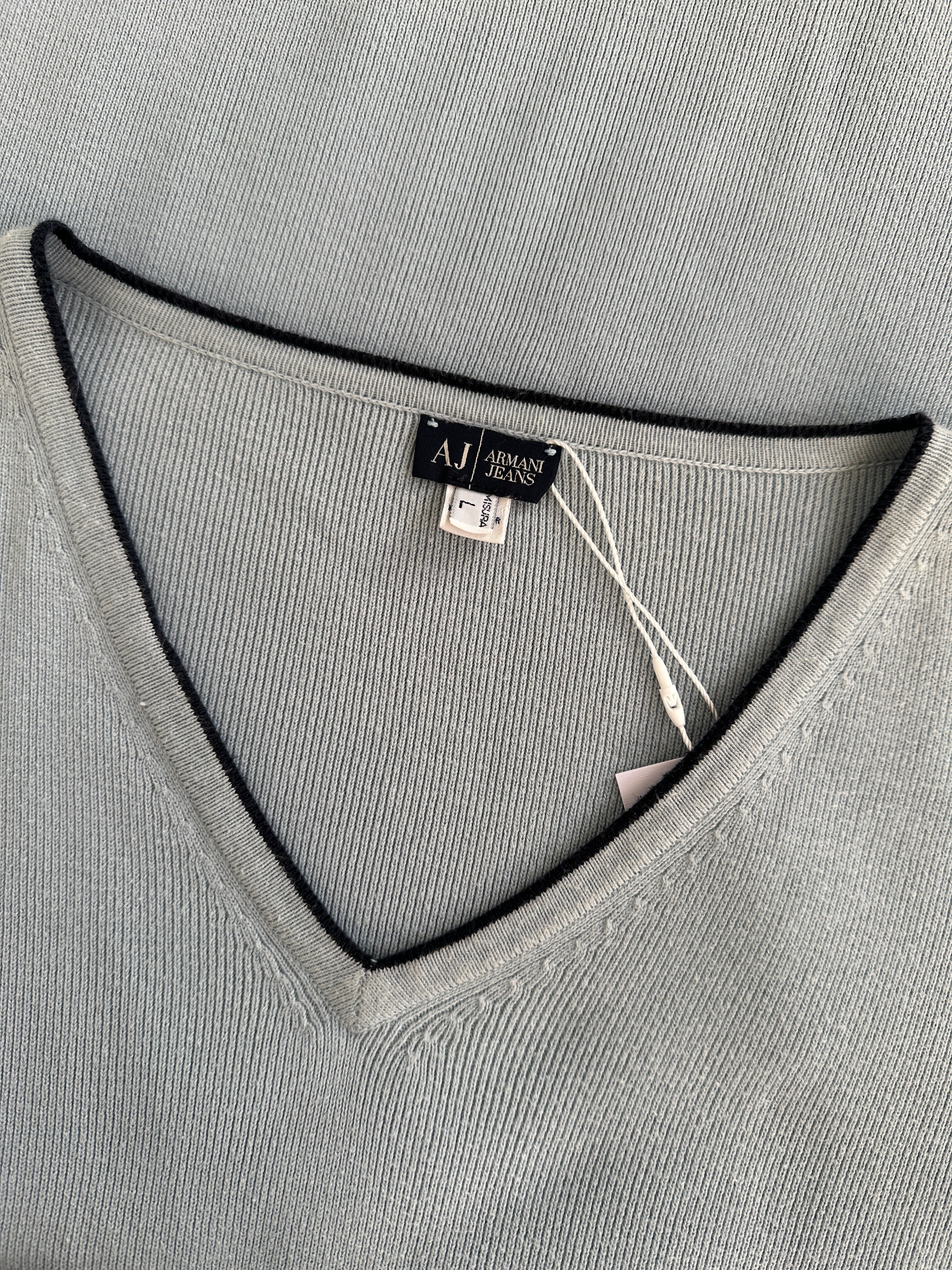 Armani Jeans pure cotton V-neck jumper in size L, featuring a classic design and soft fabric, displayed on a neutral background.