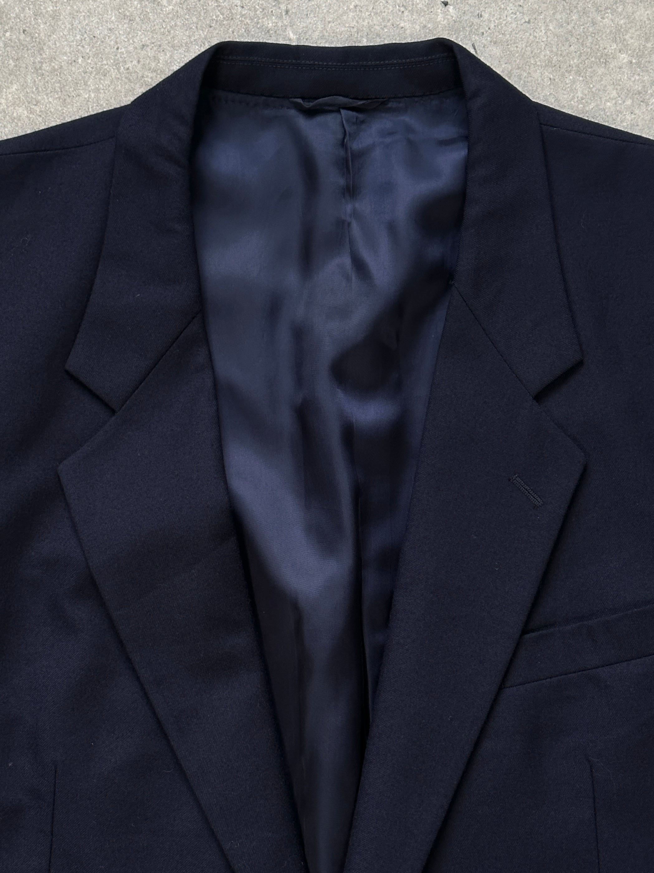 Yves Saint Laurent men's 1990s pure wool bespoke button blazer in size 46R/XL, navy blue, tailored fit with classic lapel.