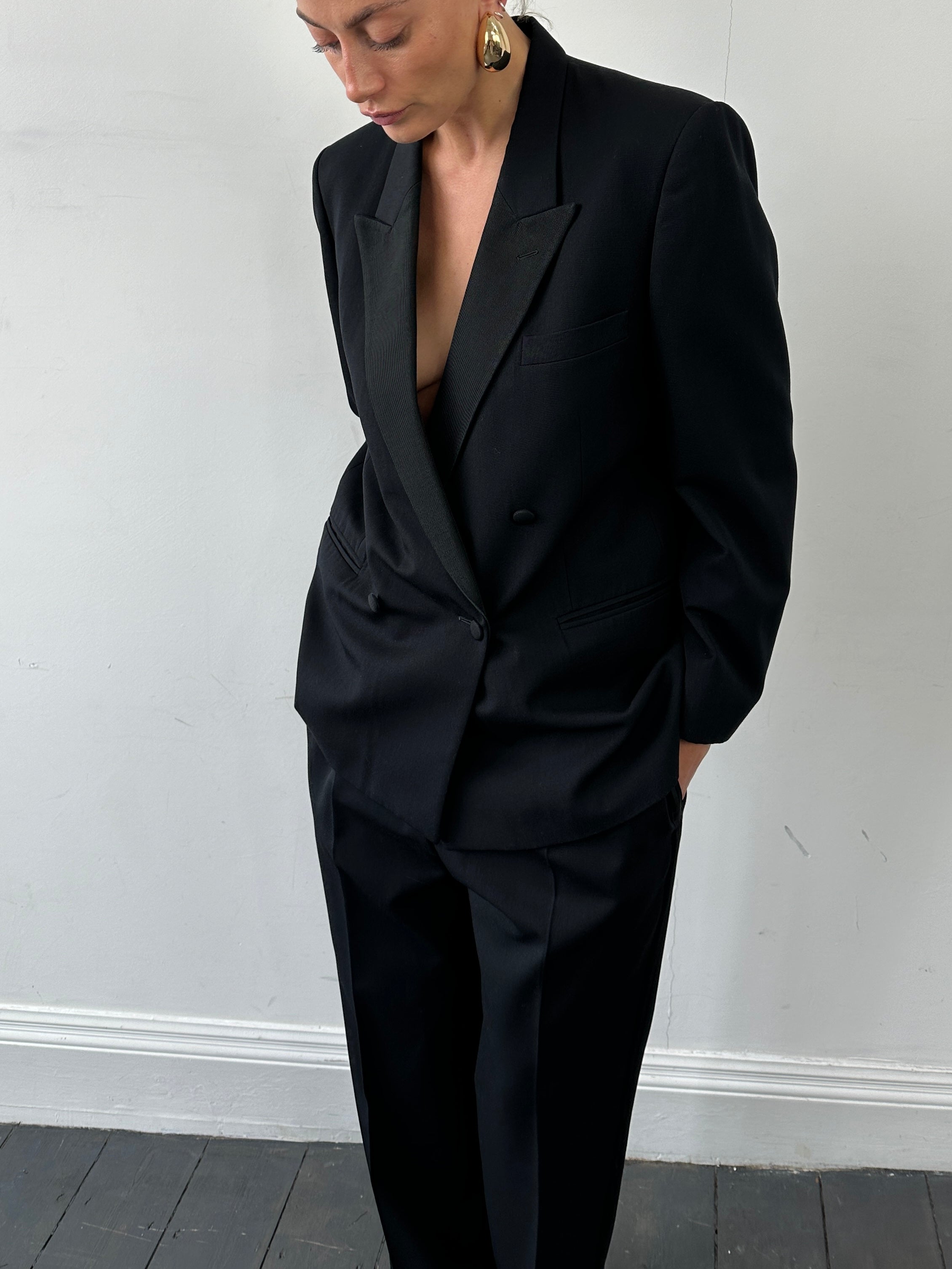 Christian Dior Monsieur tuxedo jumpsuit, double-breasted style in size 42S/W34, tailored with lapels and structured fit.