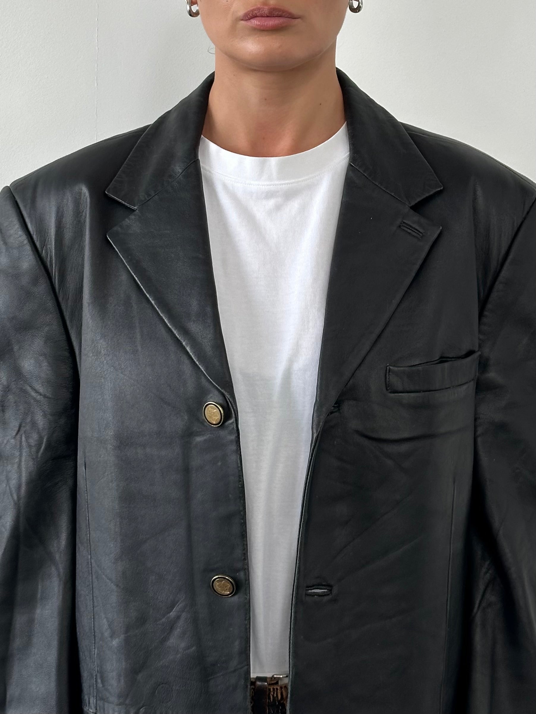 Versace Jeans Couture bespoke leather blazer jacket in XL, featuring classic button details and sleek design.