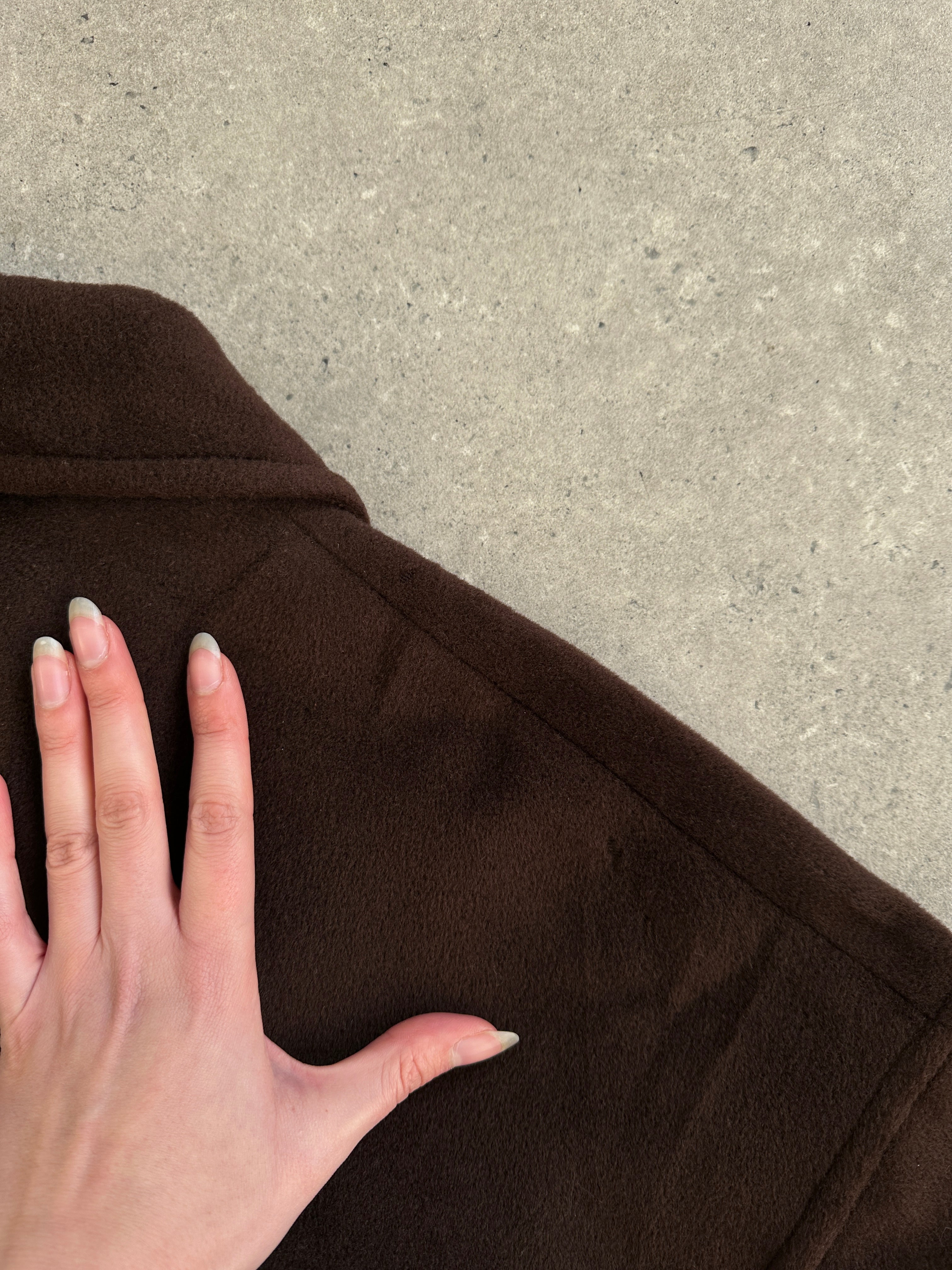 Max Mara pure virgin wool A-line coat in XL, beige color, stylish long coat with classic collar and tailored fit.
