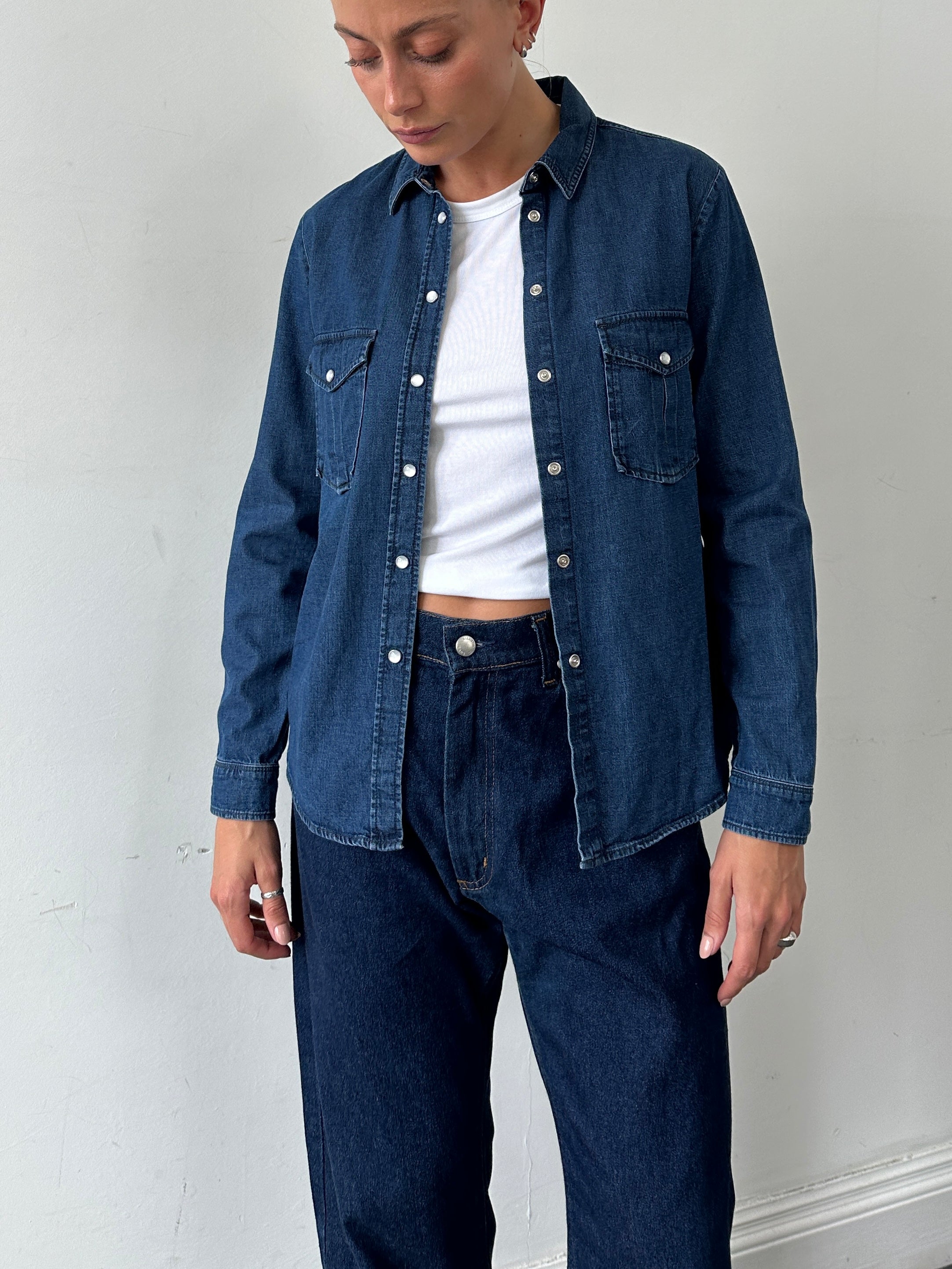 MAX & Co pure cotton denim shirt in size S/M, featuring classic collar and button-down front, displayed on a hanger.